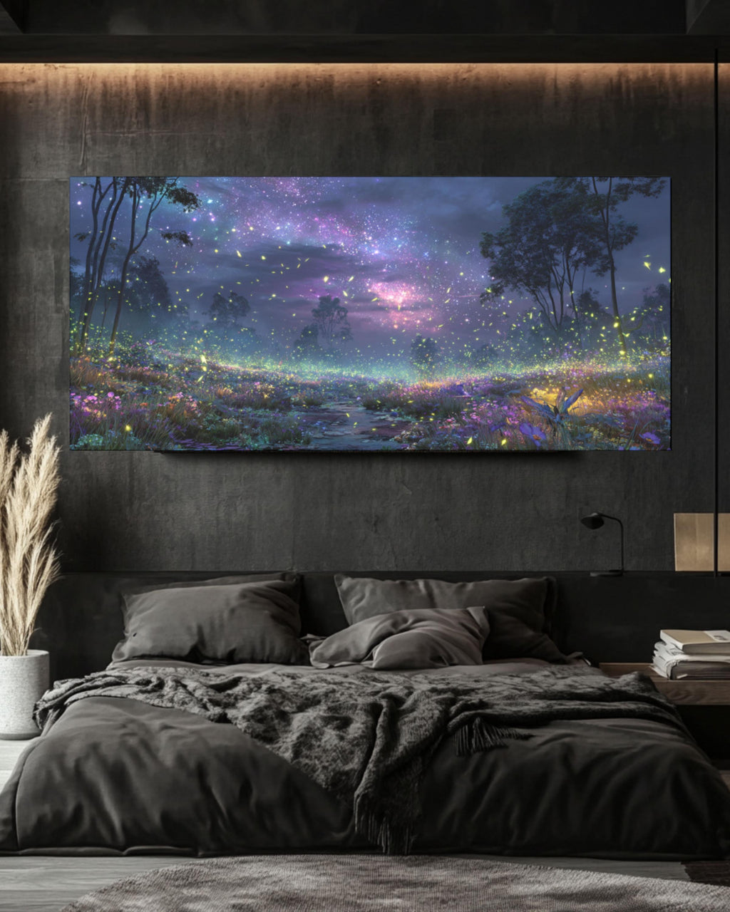 Starry Night Firefly Landscape Canvas Wall Art – Glowing Nature Scene