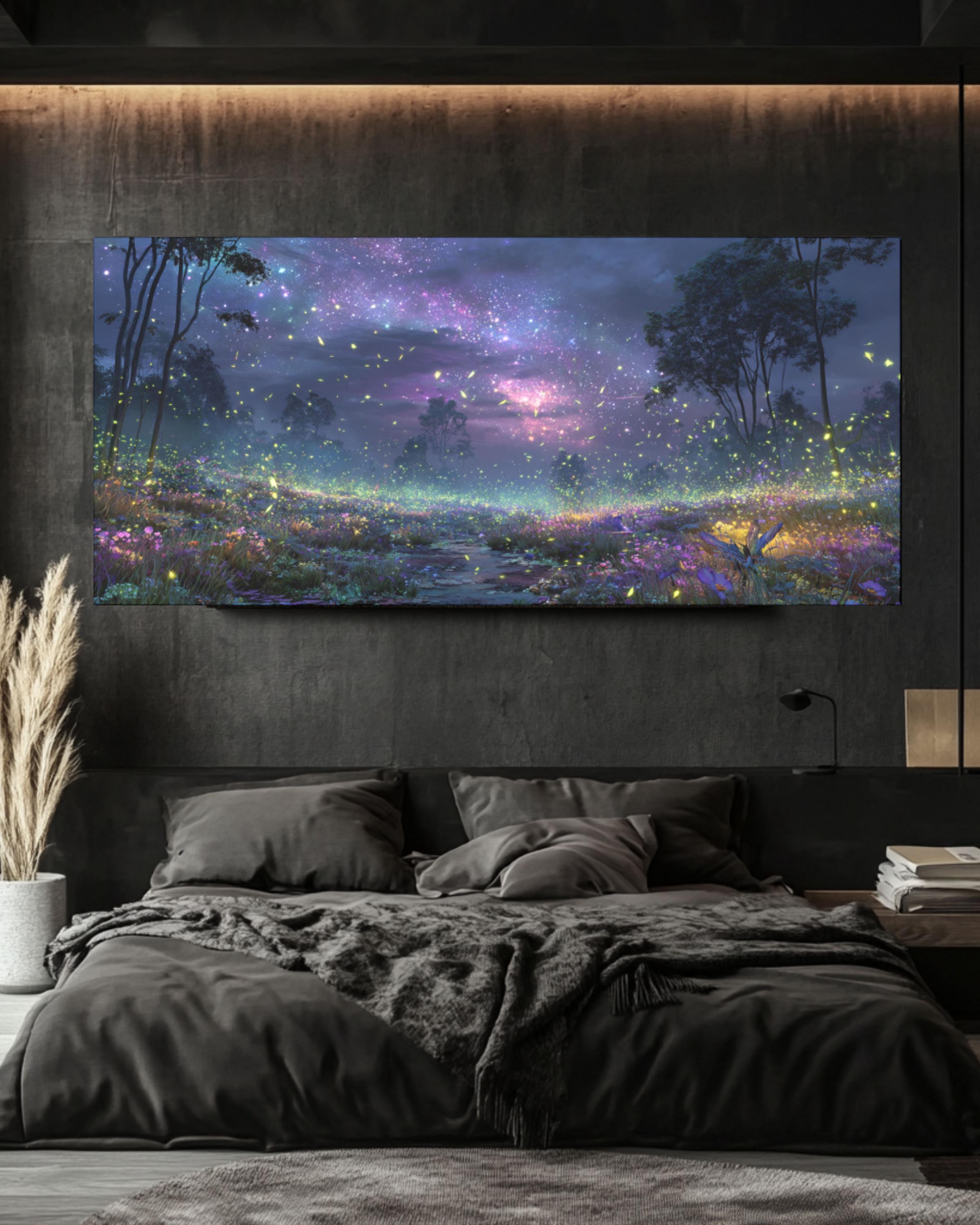 Starry Night Firefly Landscape Canvas Wall Art – Glowing Nature Scene