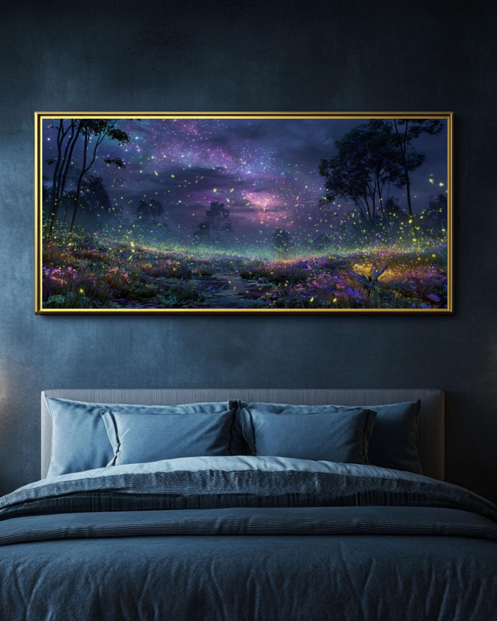 Starry Night Firefly Landscape Canvas Wall Art – Glowing Nature Scene