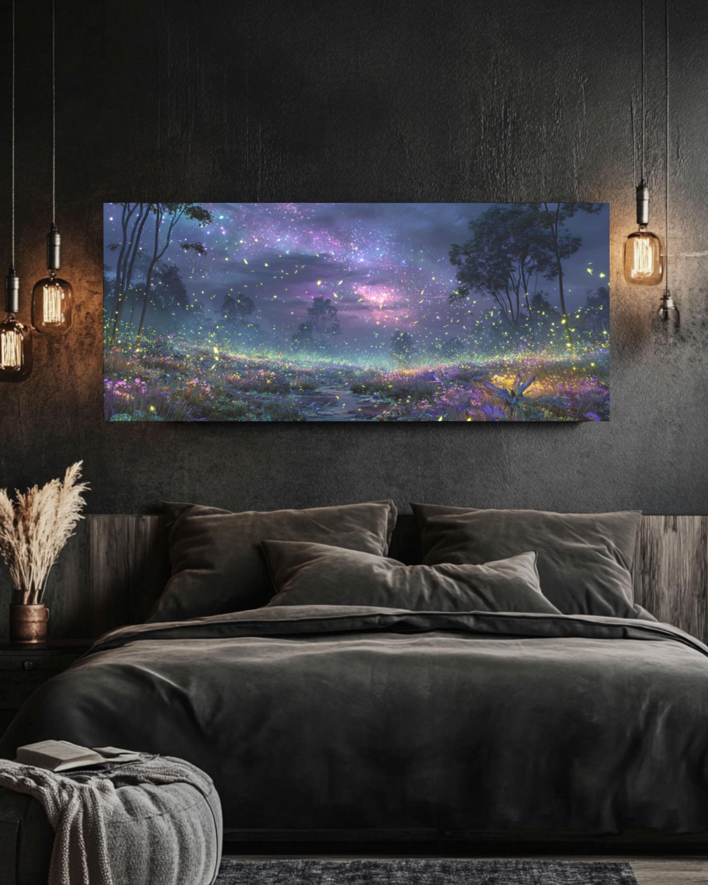 Starry Night Firefly Landscape Canvas Wall Art – Glowing Nature Scene