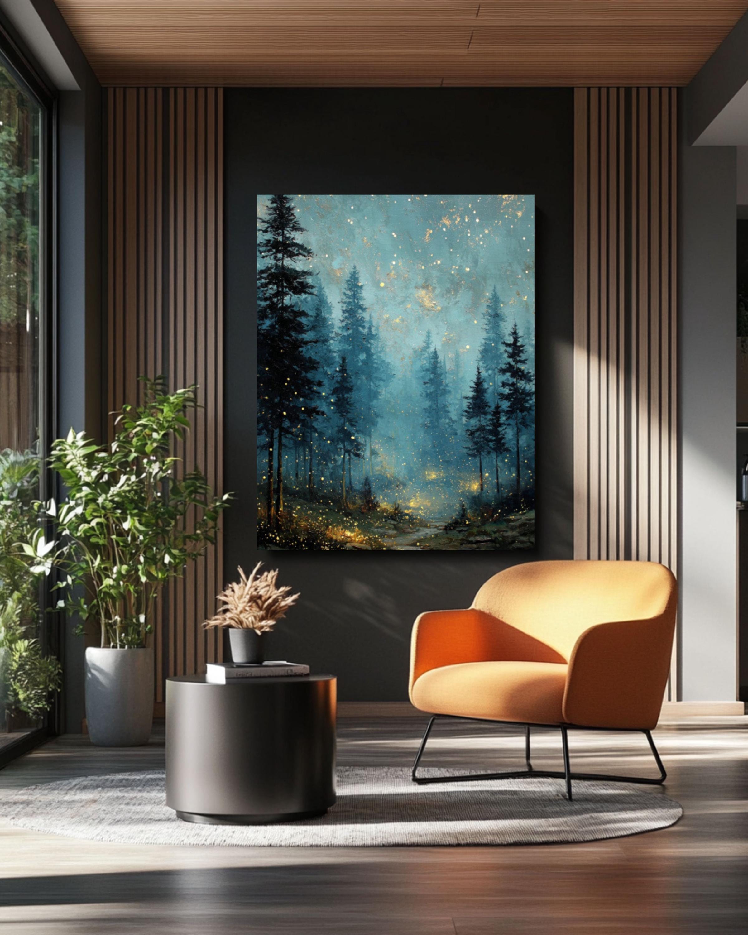 Vintage Night Sky Fireflies Canvas Wall Art – Pine Forest Landscape