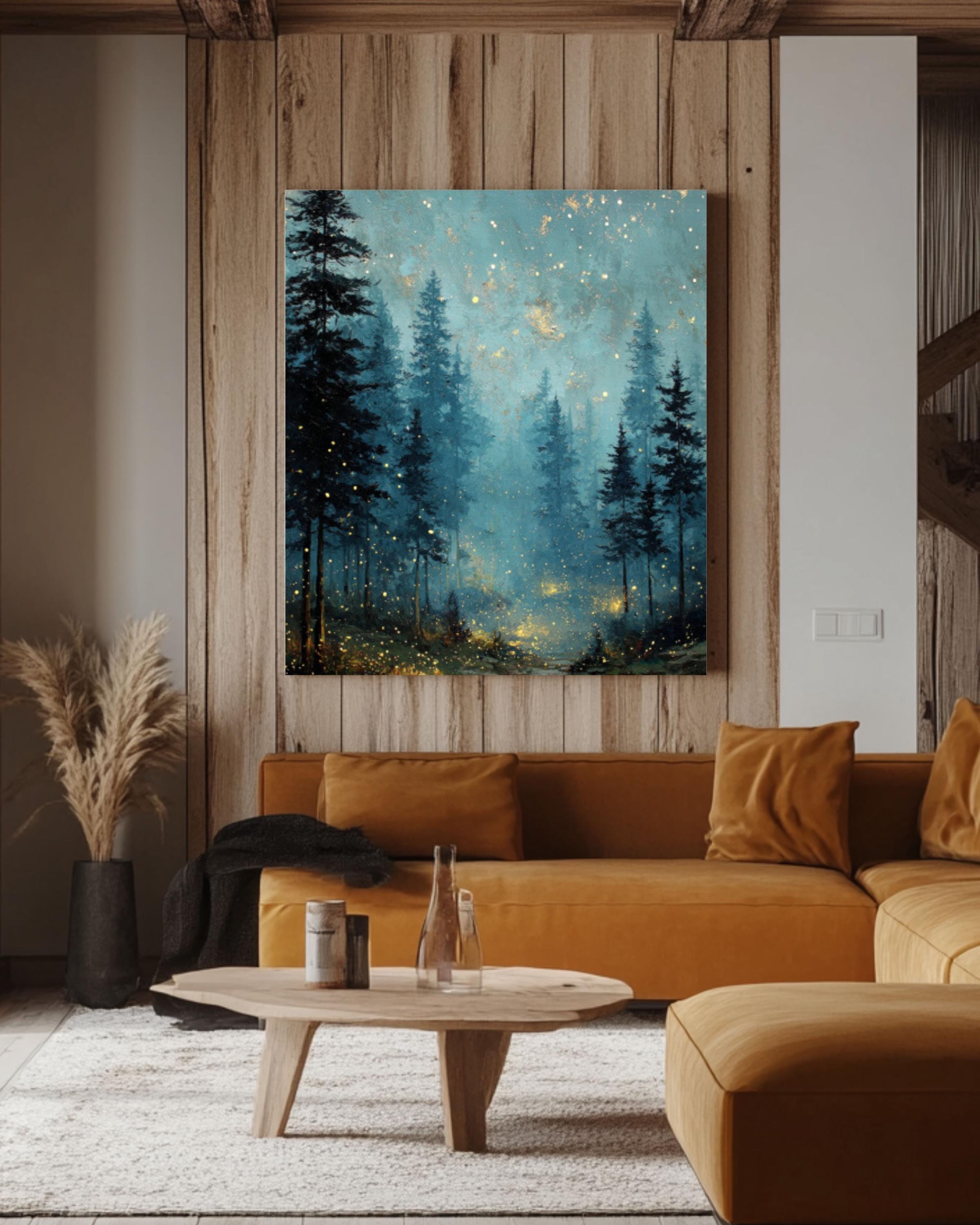 Vintage Night Sky Fireflies Canvas Wall Art – Pine Forest Landscape