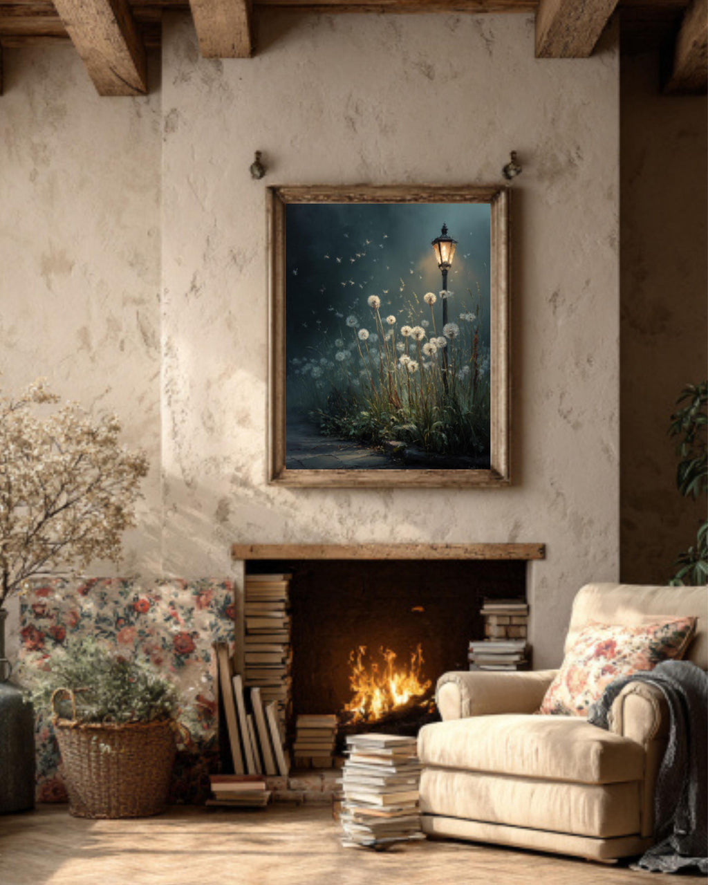 Mystical Dandelion Night Garden Canvas Wall Art – Dreamy Floral Poster