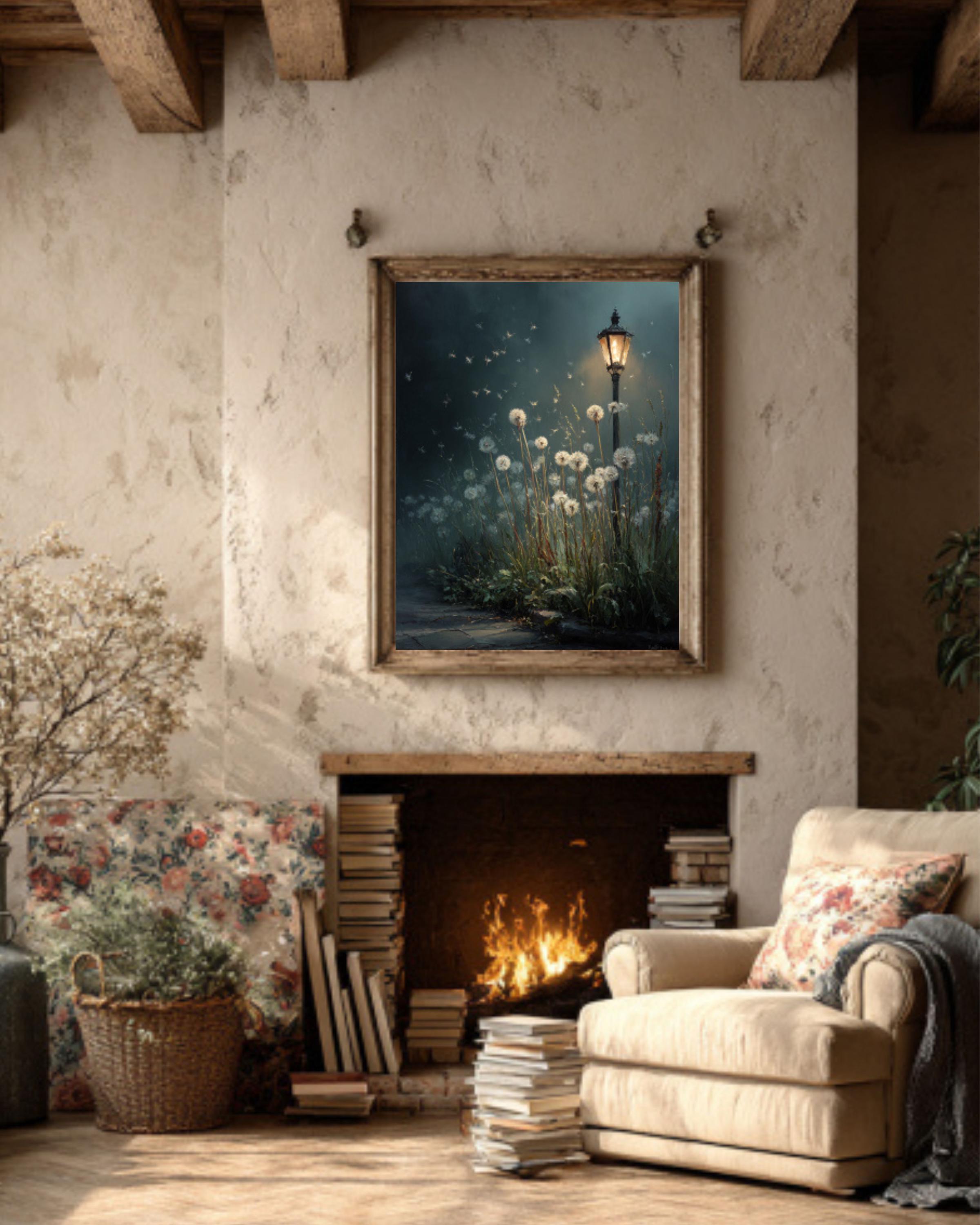 Mystical Dandelion Night Garden Canvas Wall Art – Dreamy Floral Poster