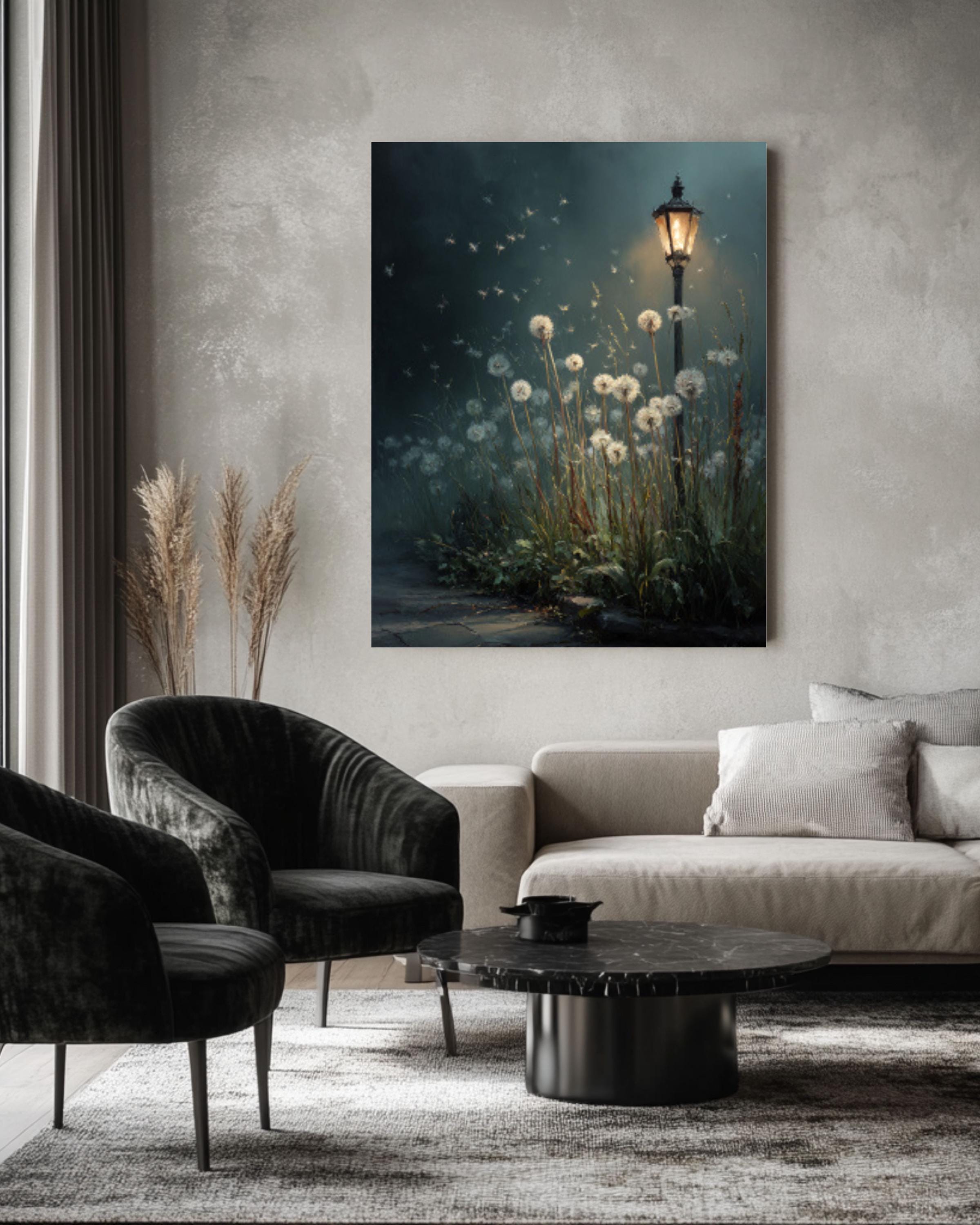 Mystical Dandelion Night Garden Canvas Wall Art – Dreamy Floral Poster