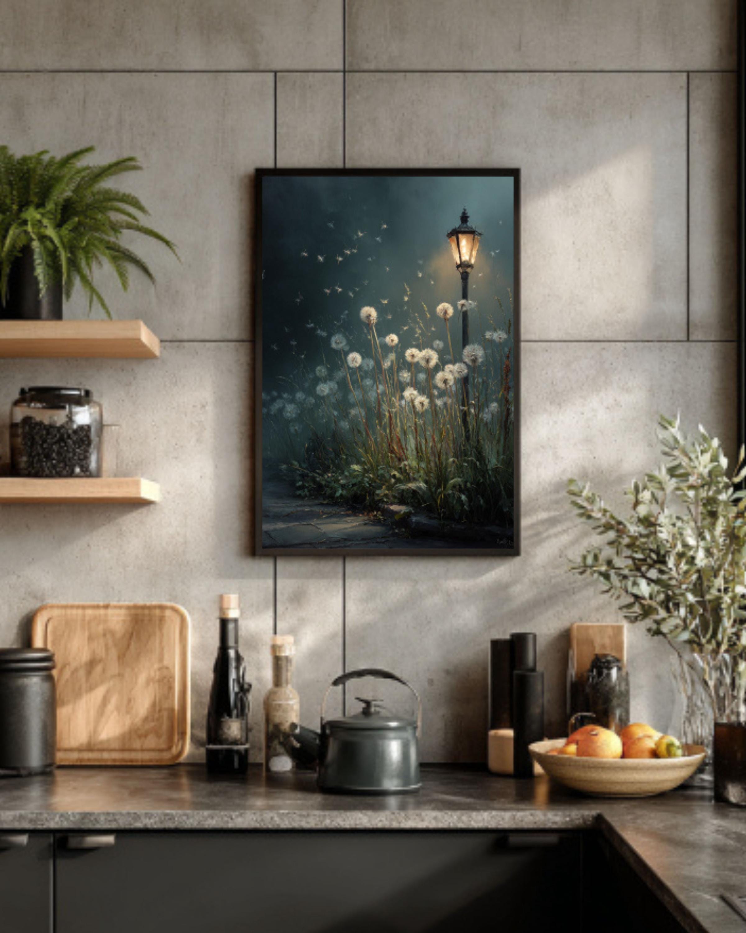 Mystical Dandelion Night Garden Canvas Wall Art – Dreamy Floral Poster
