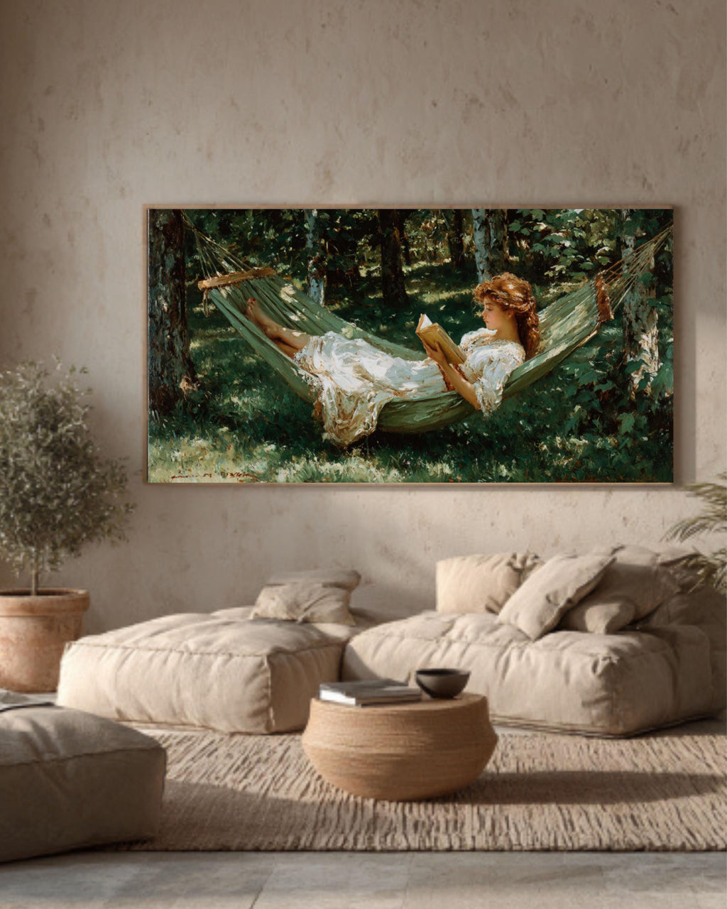 Woman Reading in Forest Hammock Canvas Wall Art – Peaceful Nature Scene
