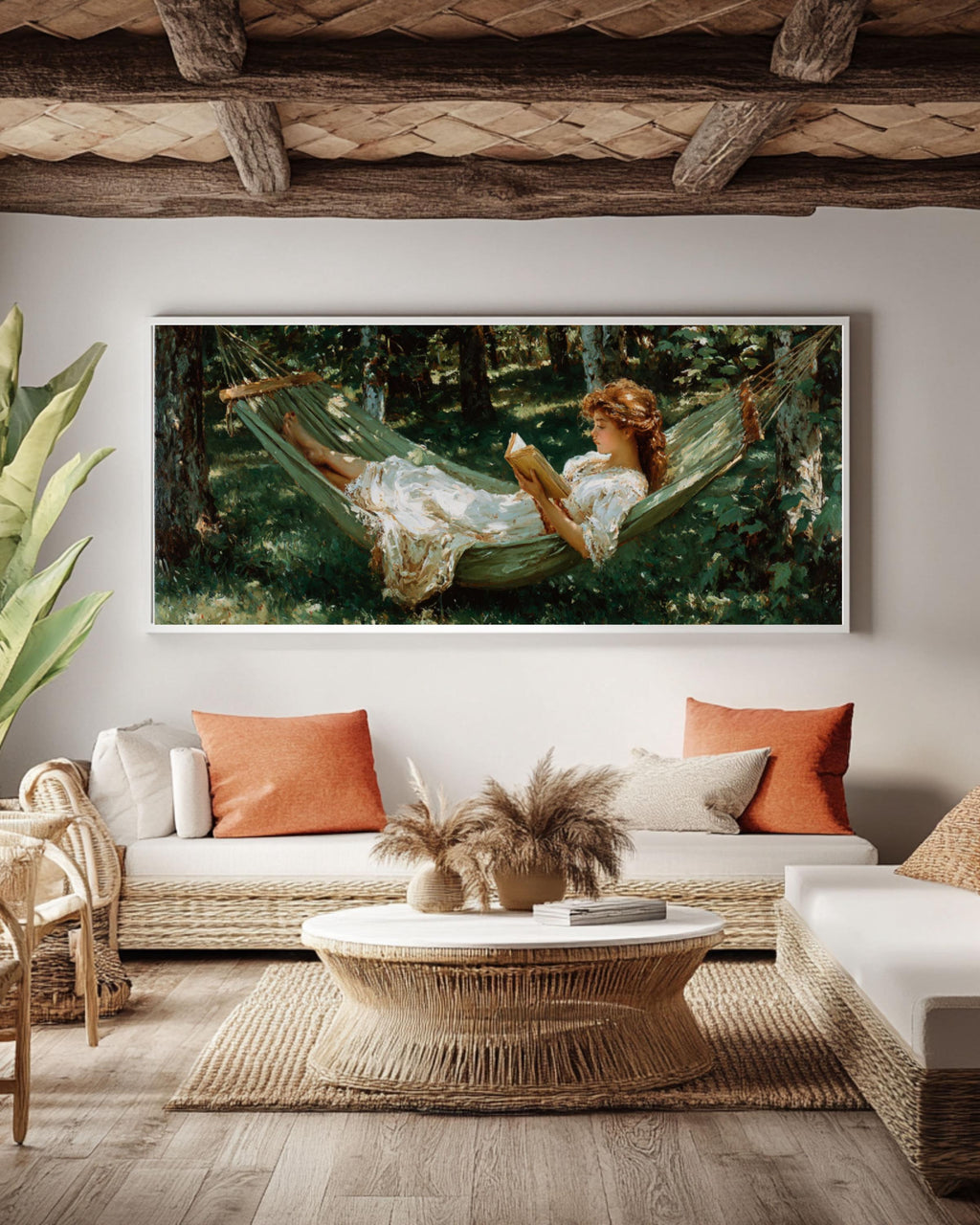 Woman Reading in Forest Hammock Canvas Wall Art – Peaceful Nature Scene