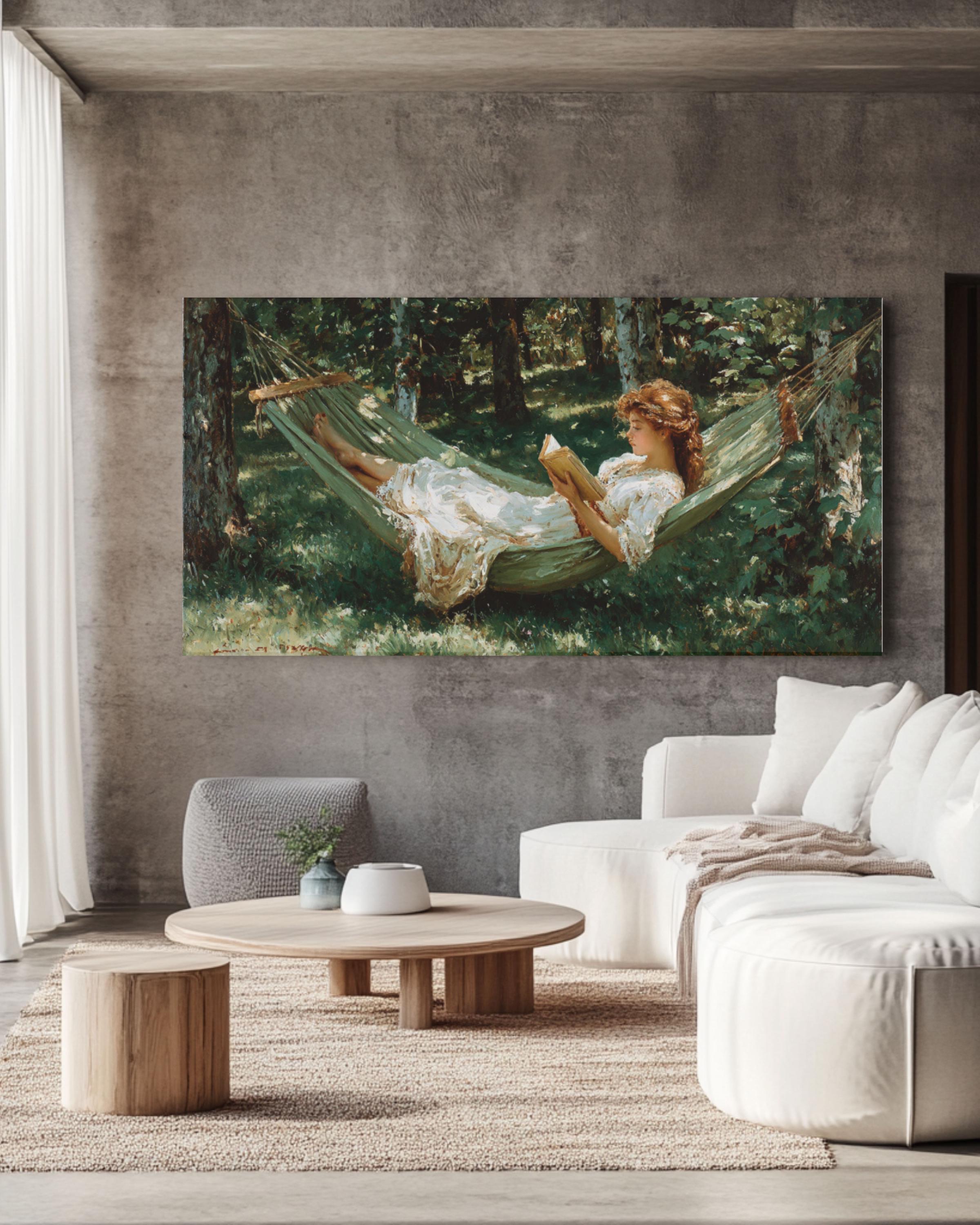 Woman Reading in Forest Hammock Canvas Wall Art – Peaceful Nature Scene