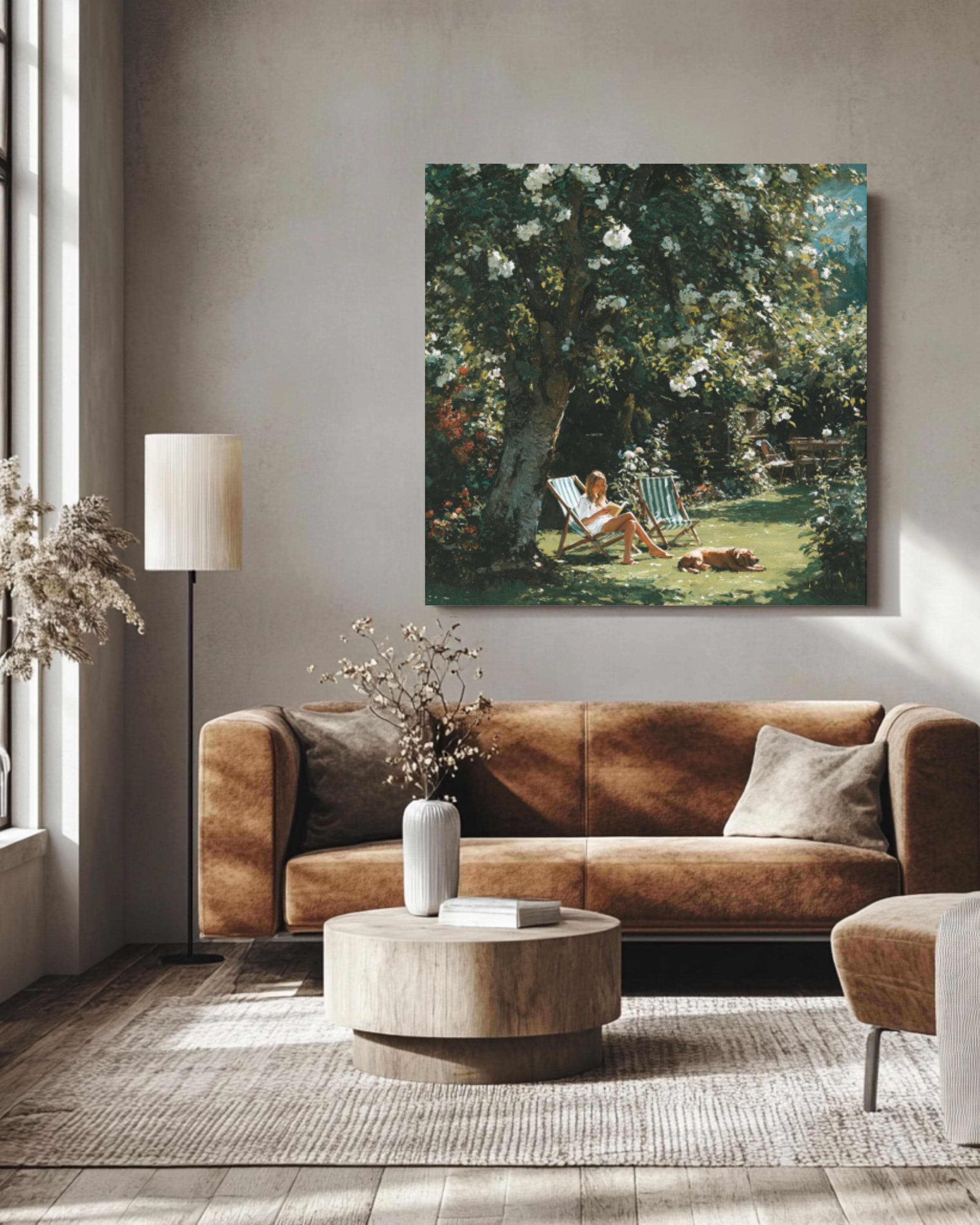 Woman Reading in Garden Canvas Art – White Roses Summer Painting