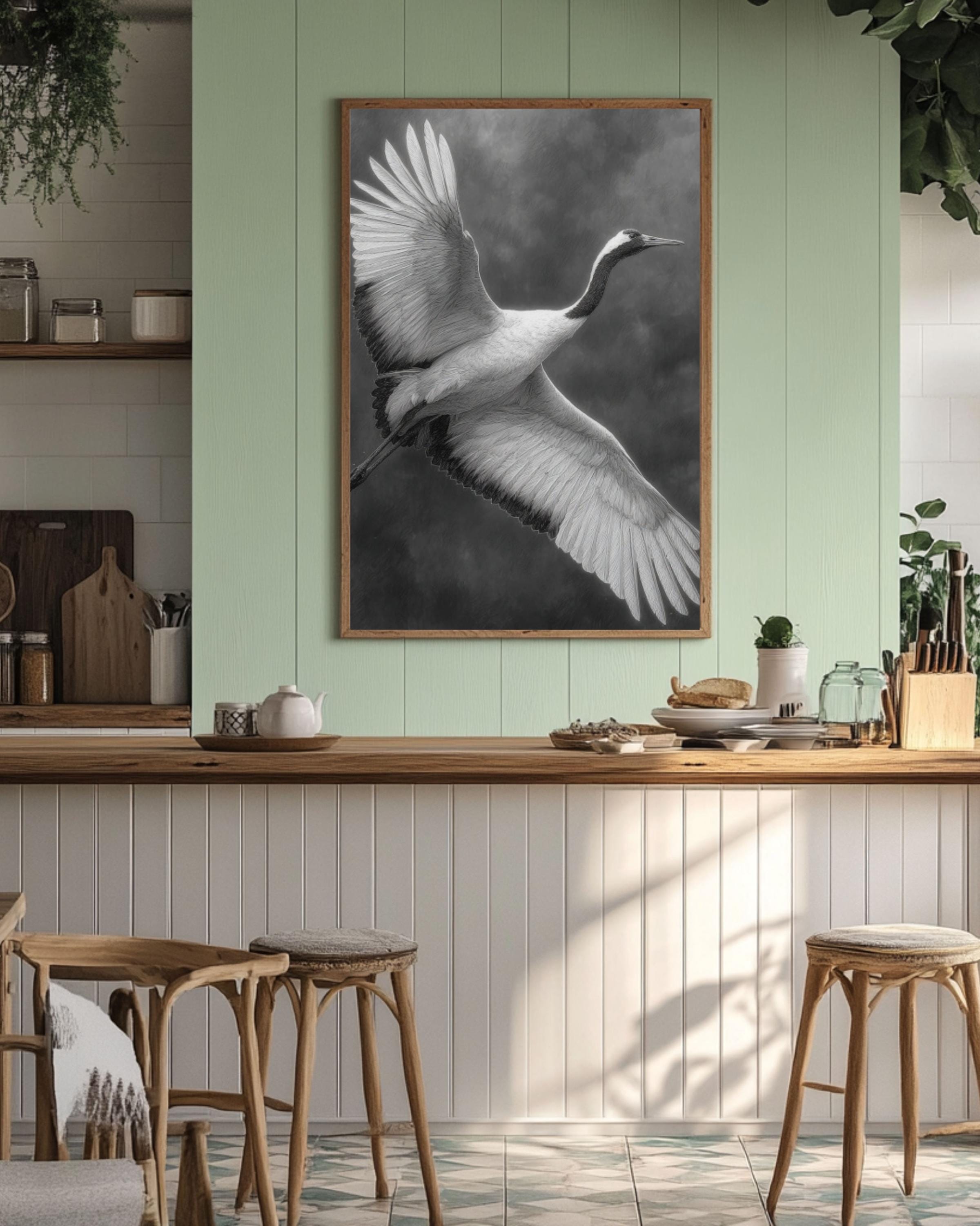 White Crane Pencil Drawing Wall Art – Elegant Bird in Flight Print