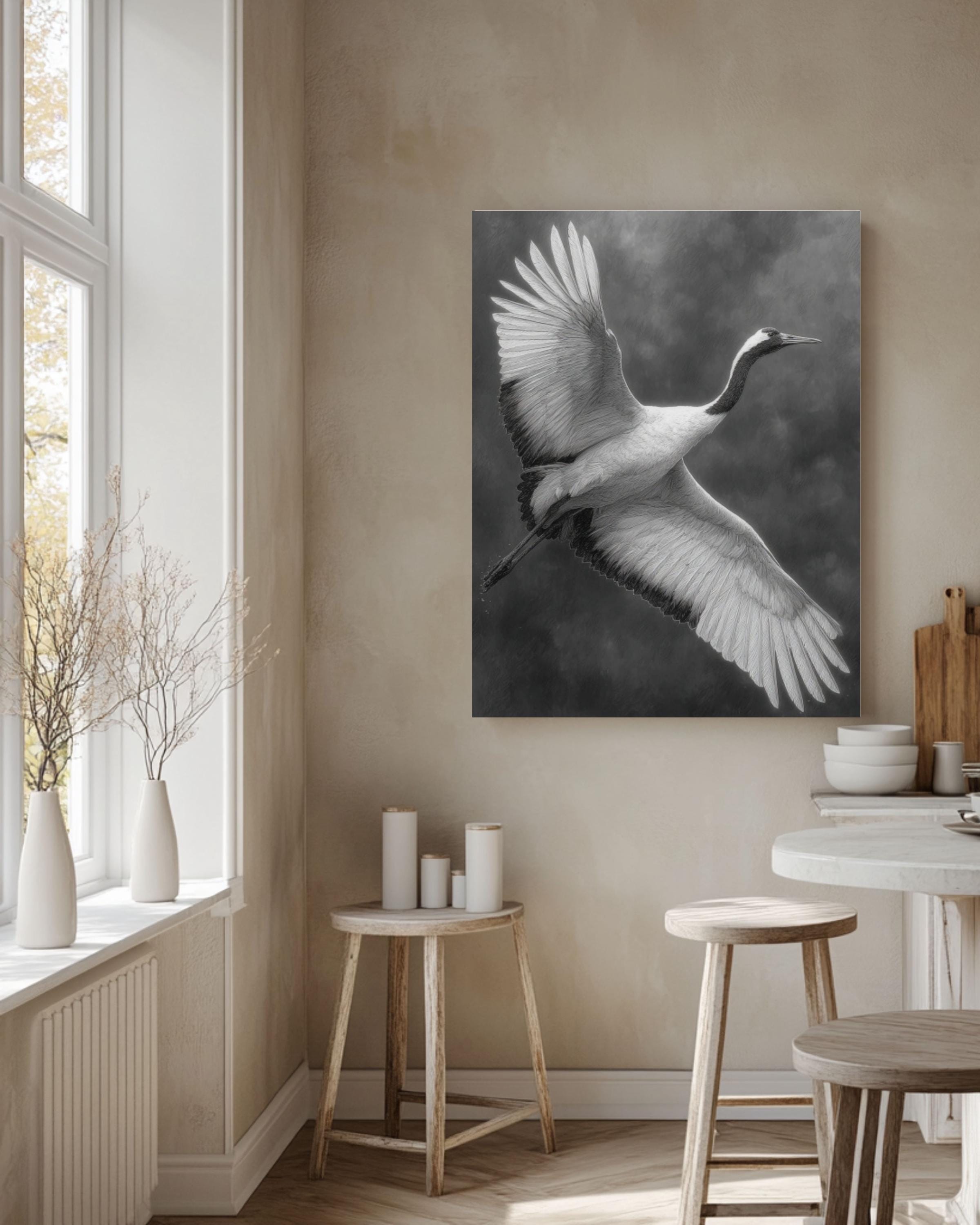 White Crane Pencil Drawing Wall Art – Elegant Bird in Flight Print