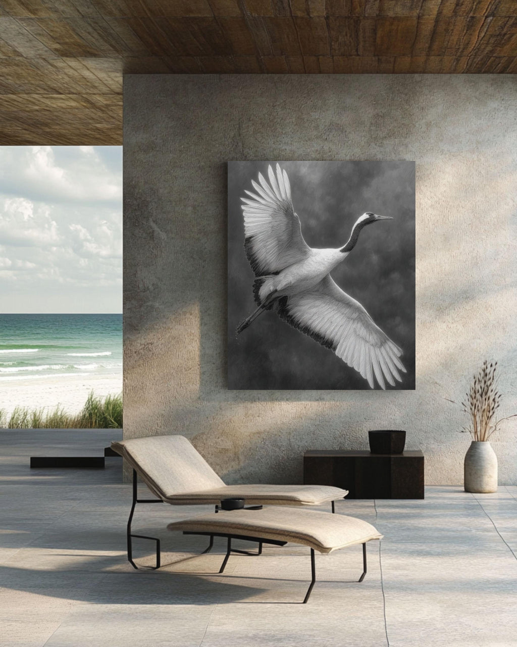 White Crane Pencil Drawing Wall Art – Elegant Bird in Flight Print