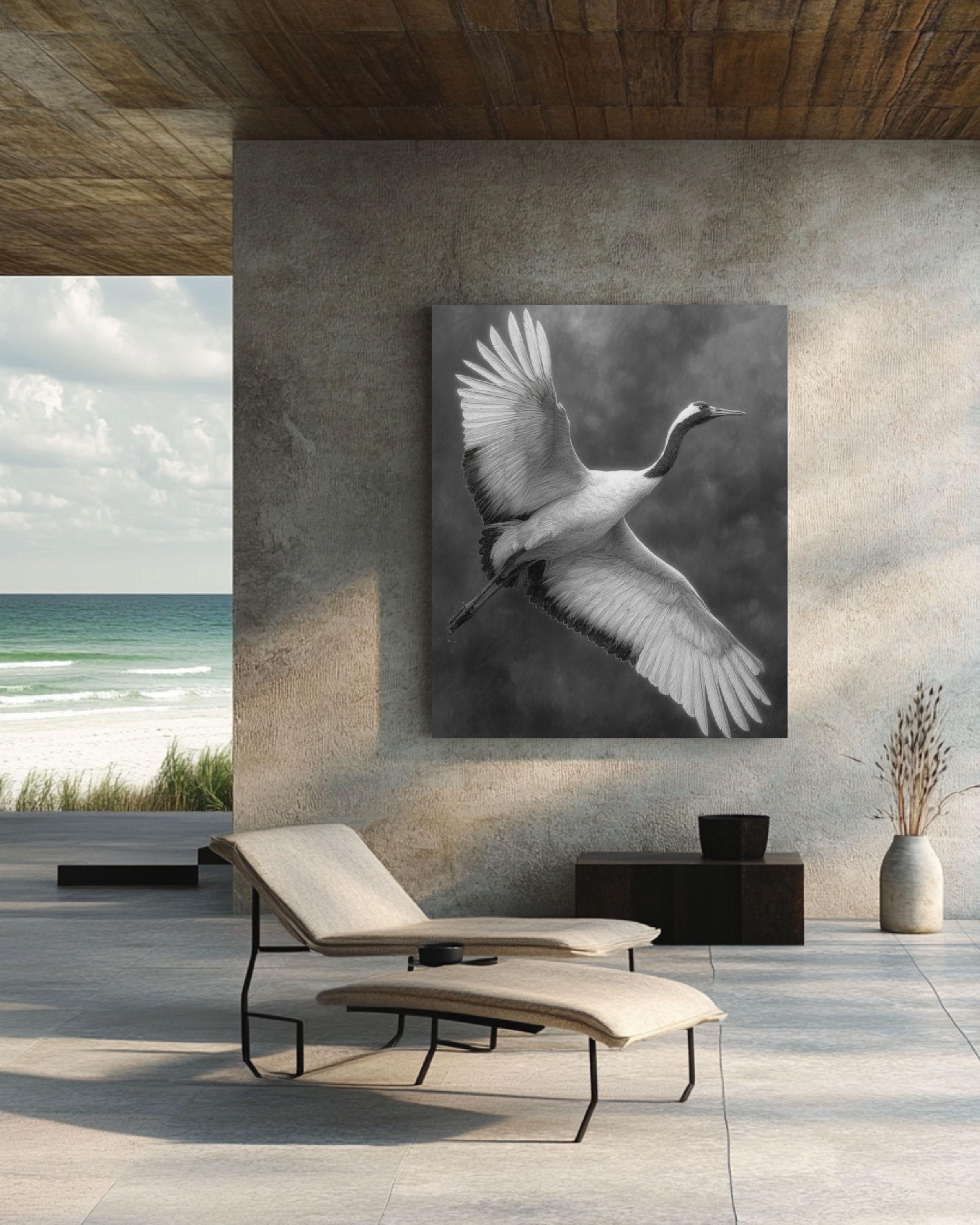 White Crane Pencil Drawing Wall Art – Elegant Bird in Flight Print