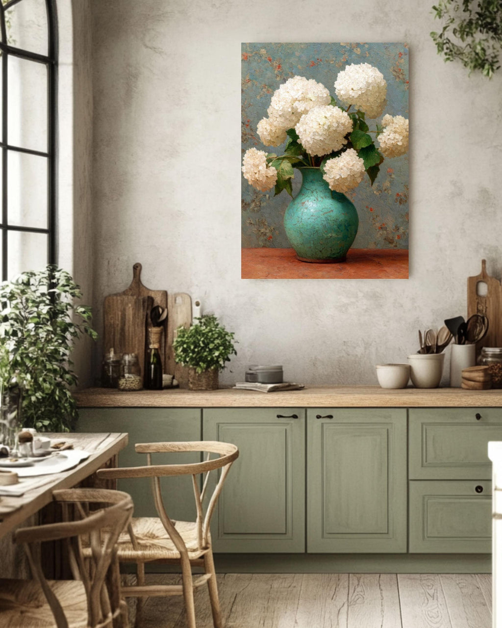 Vintage Hydrangea Floral Painting – White Flowers Vase Canvas Wall Art
