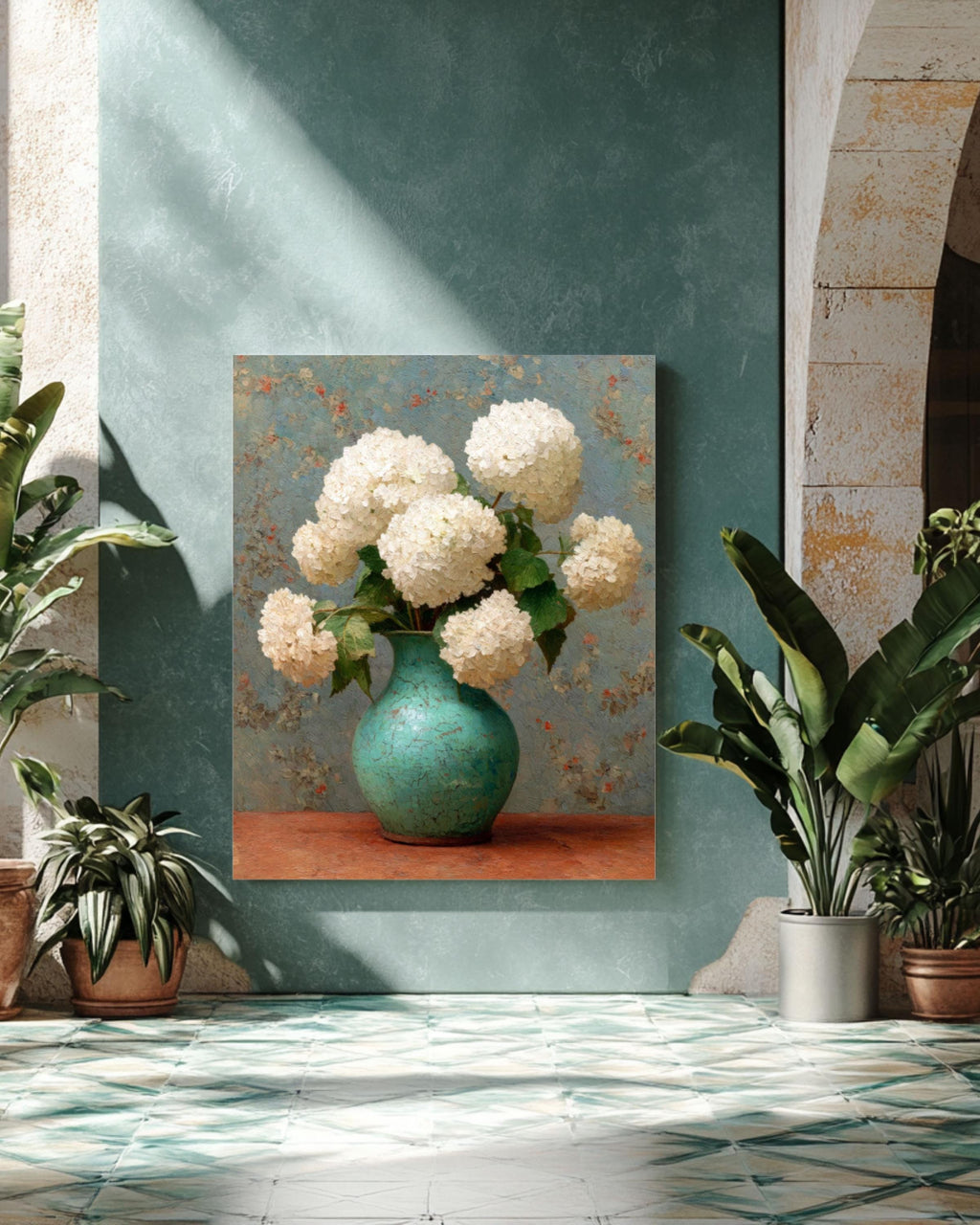 Vintage Hydrangea Floral Painting – White Flowers Vase Canvas Wall Art