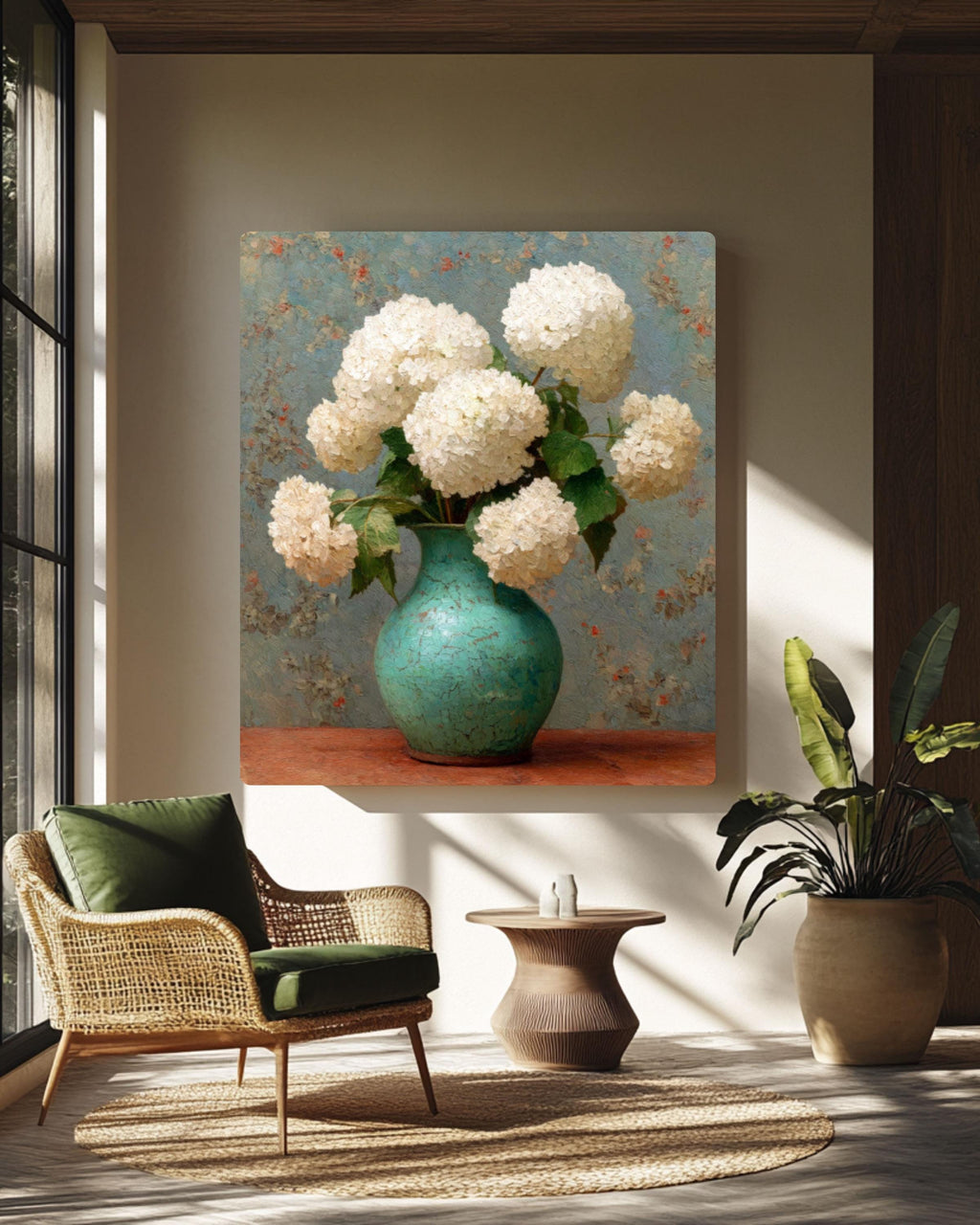 Vintage Hydrangea Floral Painting – White Flowers Vase Canvas Wall Art