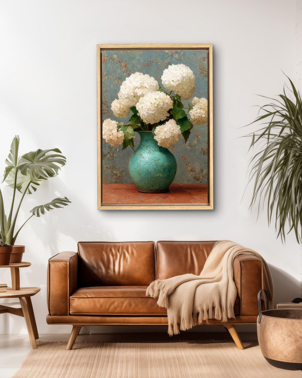 Vintage Hydrangea Floral Painting – White Flowers Vase Canvas Wall Art