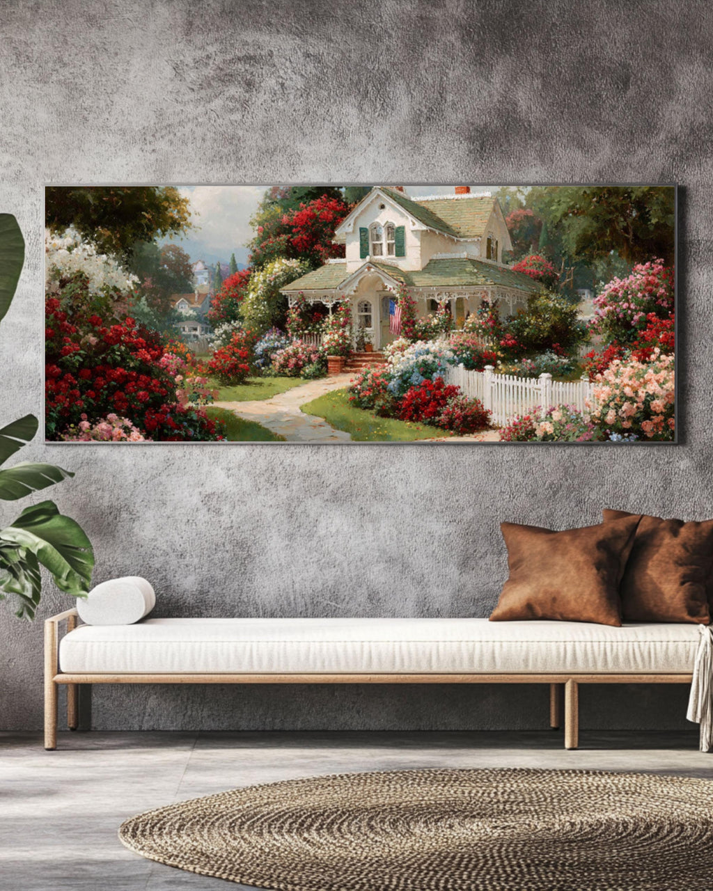 White Cottage Floral Landscape Canvas Art – Kinkade Style Wall Décor