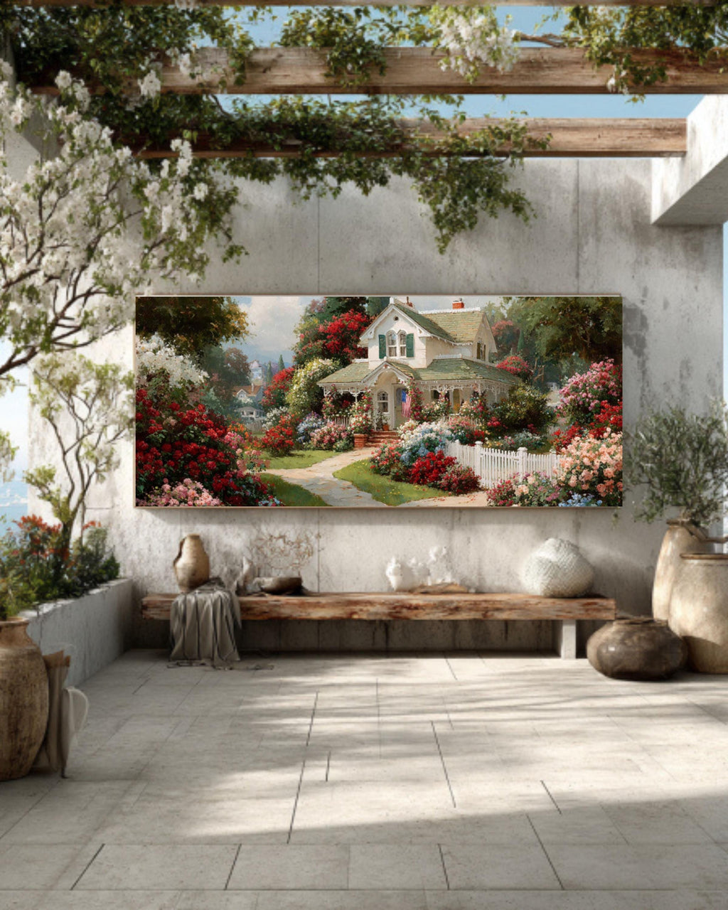 White Cottage Floral Landscape Canvas Art – Kinkade Style Wall Décor