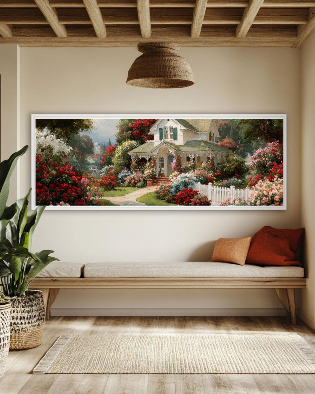 White Cottage Floral Landscape Canvas Art – Kinkade Style Wall Décor