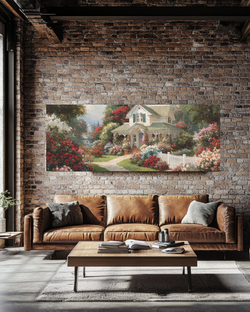 White Cottage Floral Landscape Canvas Art – Kinkade Style Wall Décor