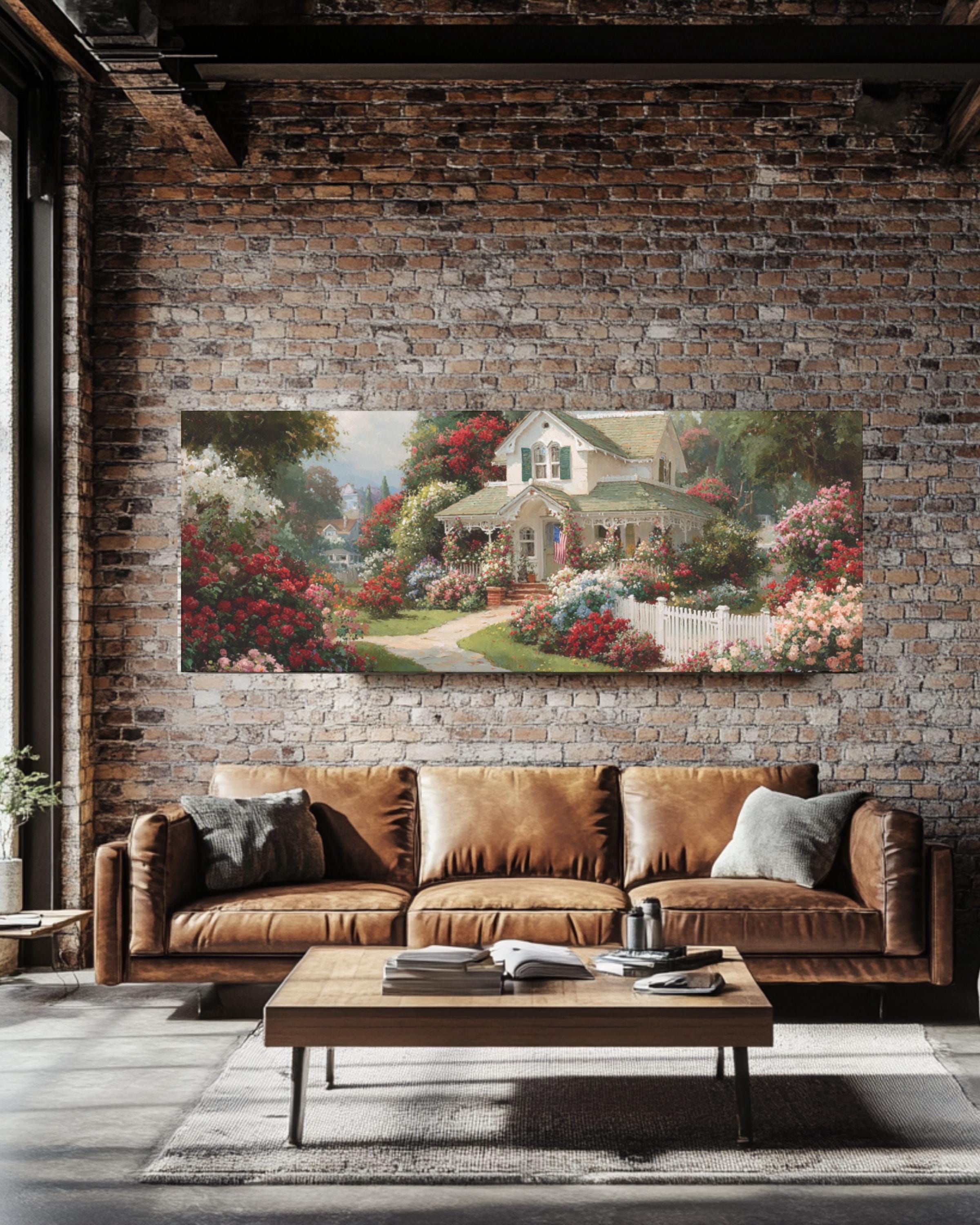 White Cottage Floral Landscape Canvas Art – Kinkade Style Wall Décor
