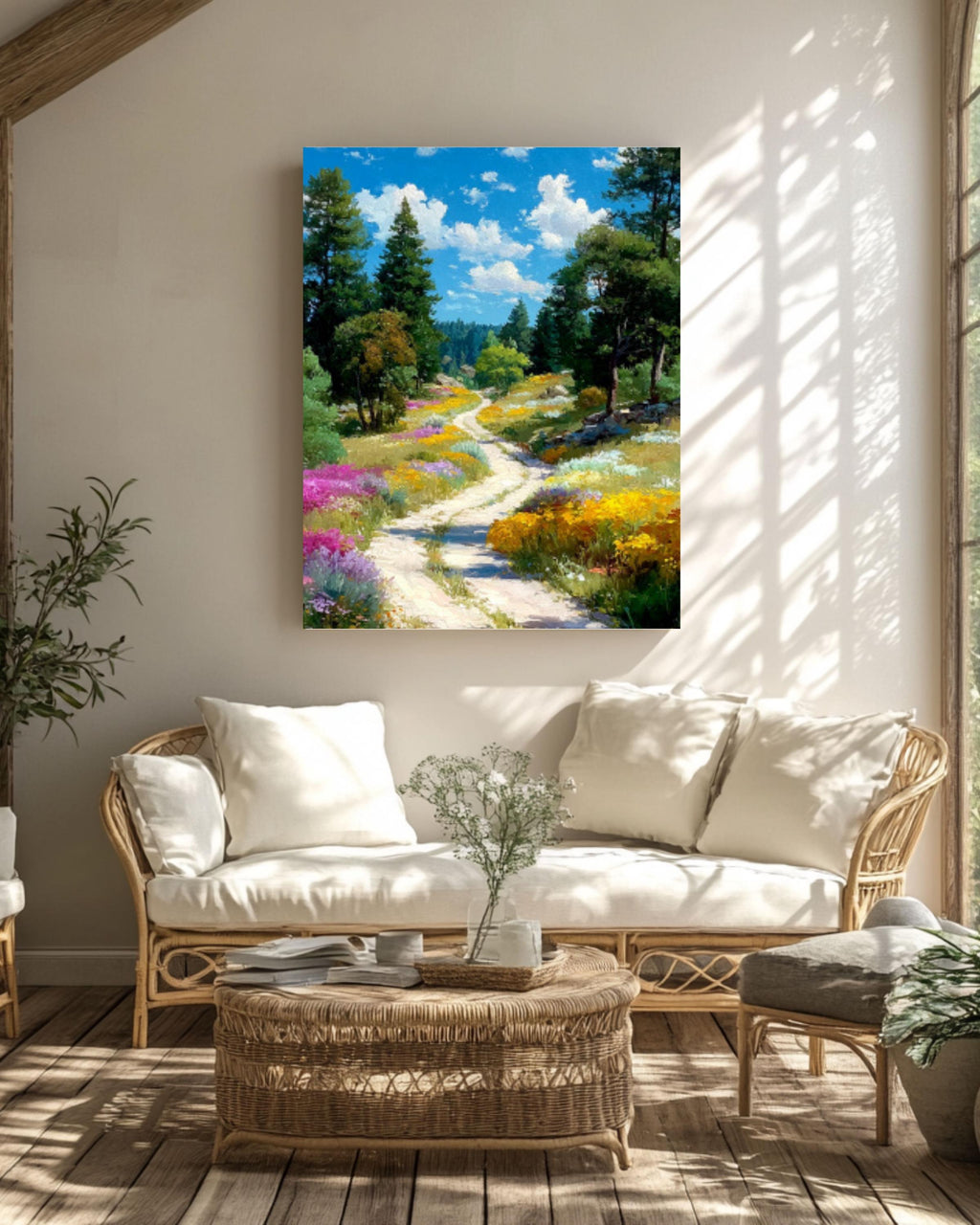 Watercolor Forest Path Wall Art – Wildflower Landscape Canvas or Framed Print