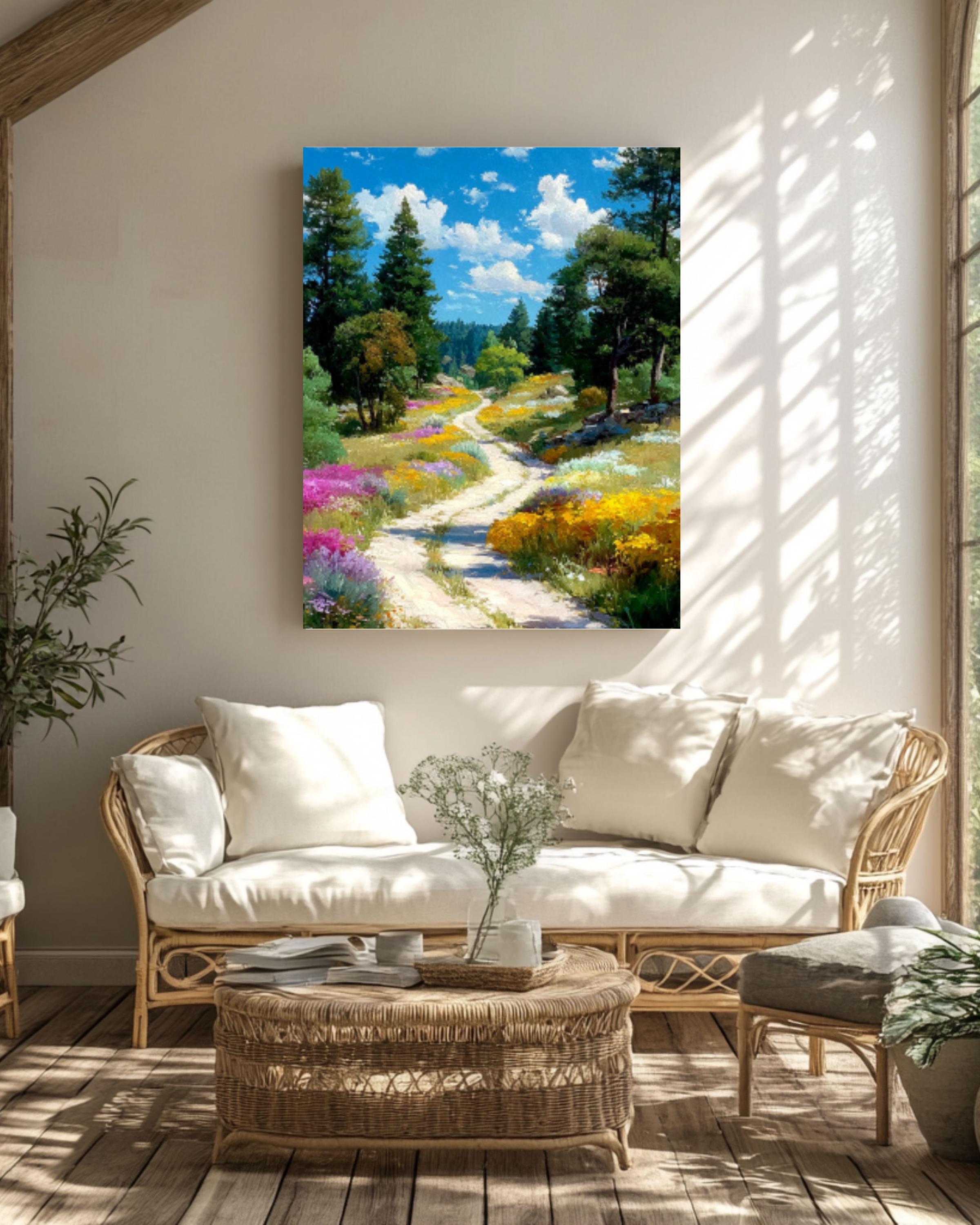 Watercolor Forest Path Wall Art – Wildflower Landscape Canvas or Framed Print