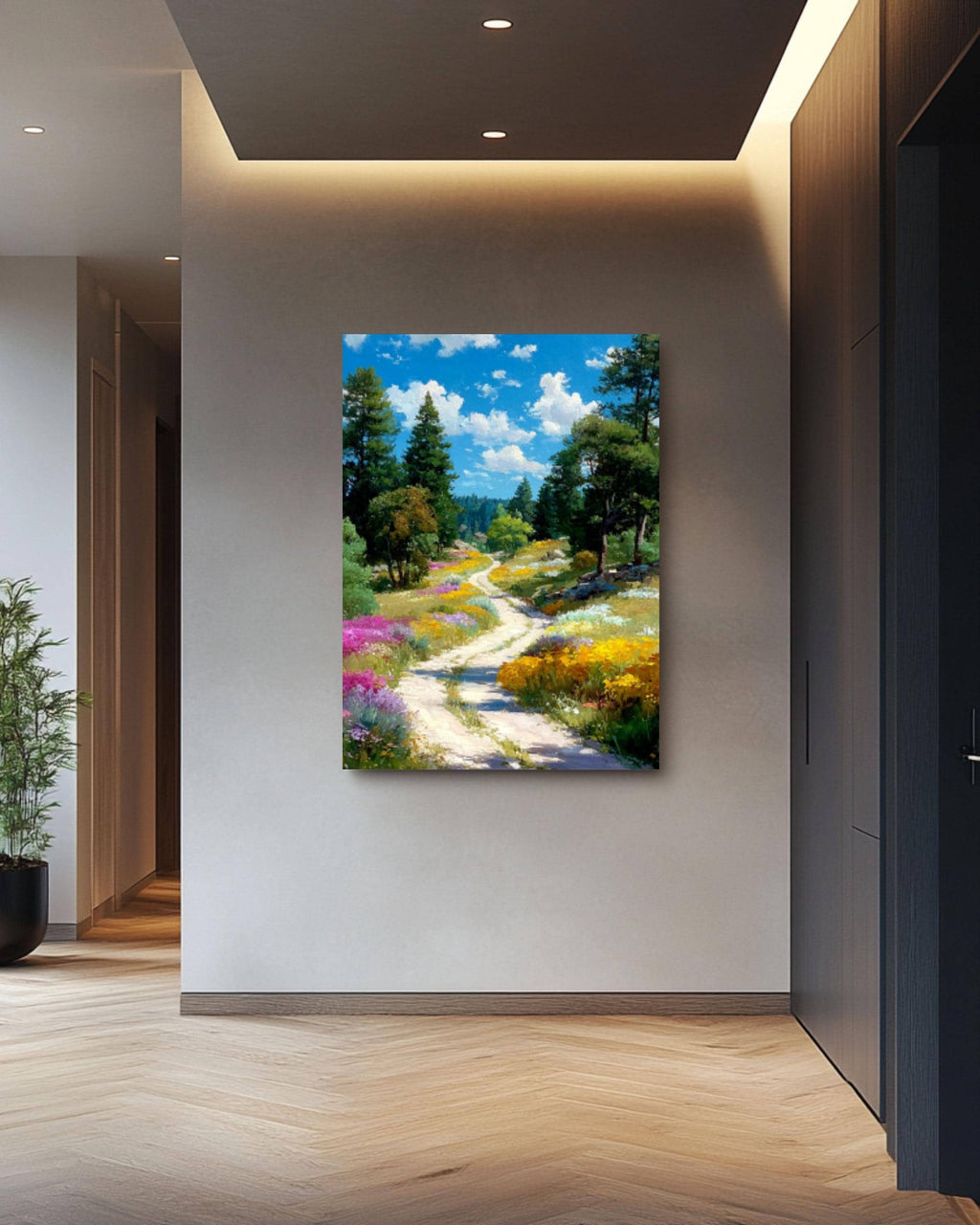 Watercolor Forest Path Wall Art – Wildflower Landscape Canvas or Framed Print