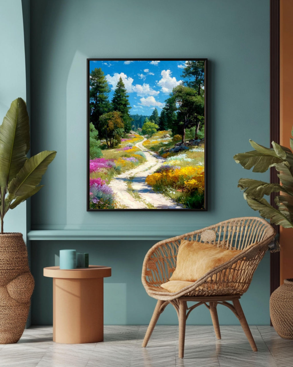 Watercolor Forest Path Wall Art – Wildflower Landscape Canvas or Framed Print