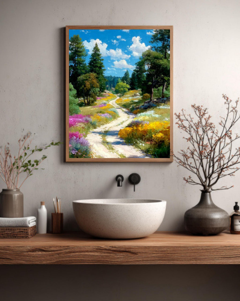 Watercolor Forest Path Wall Art – Wildflower Landscape Canvas or Framed Print