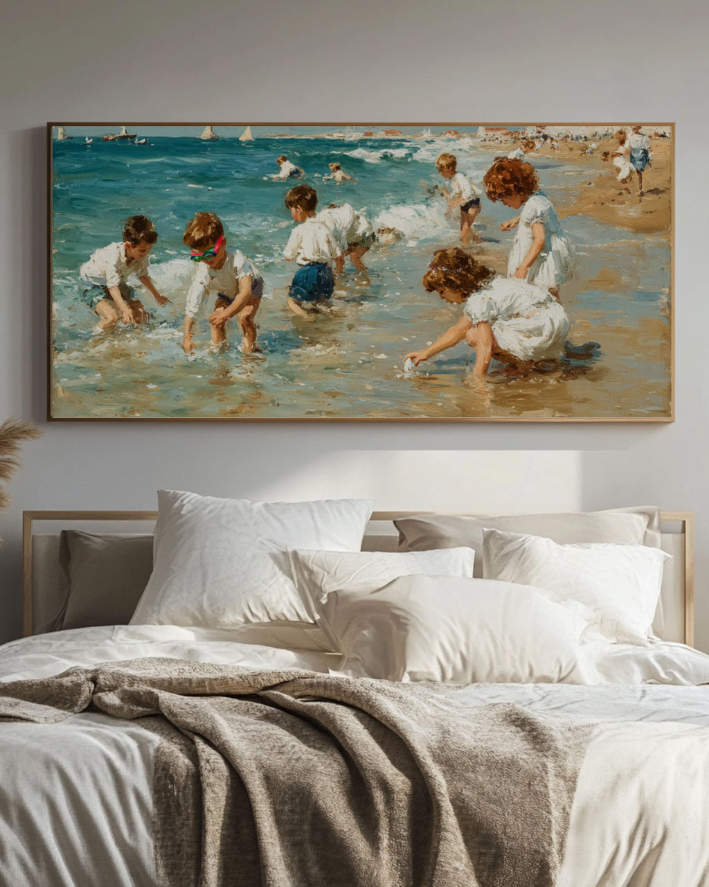 Pastel Beach Scene Wall Art – Children Playing Coastal Canvas Print