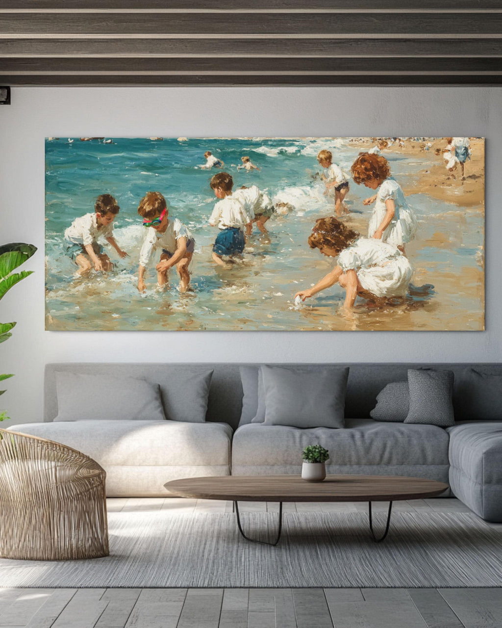 Pastel Beach Scene Wall Art – Children Playing Coastal Canvas Print