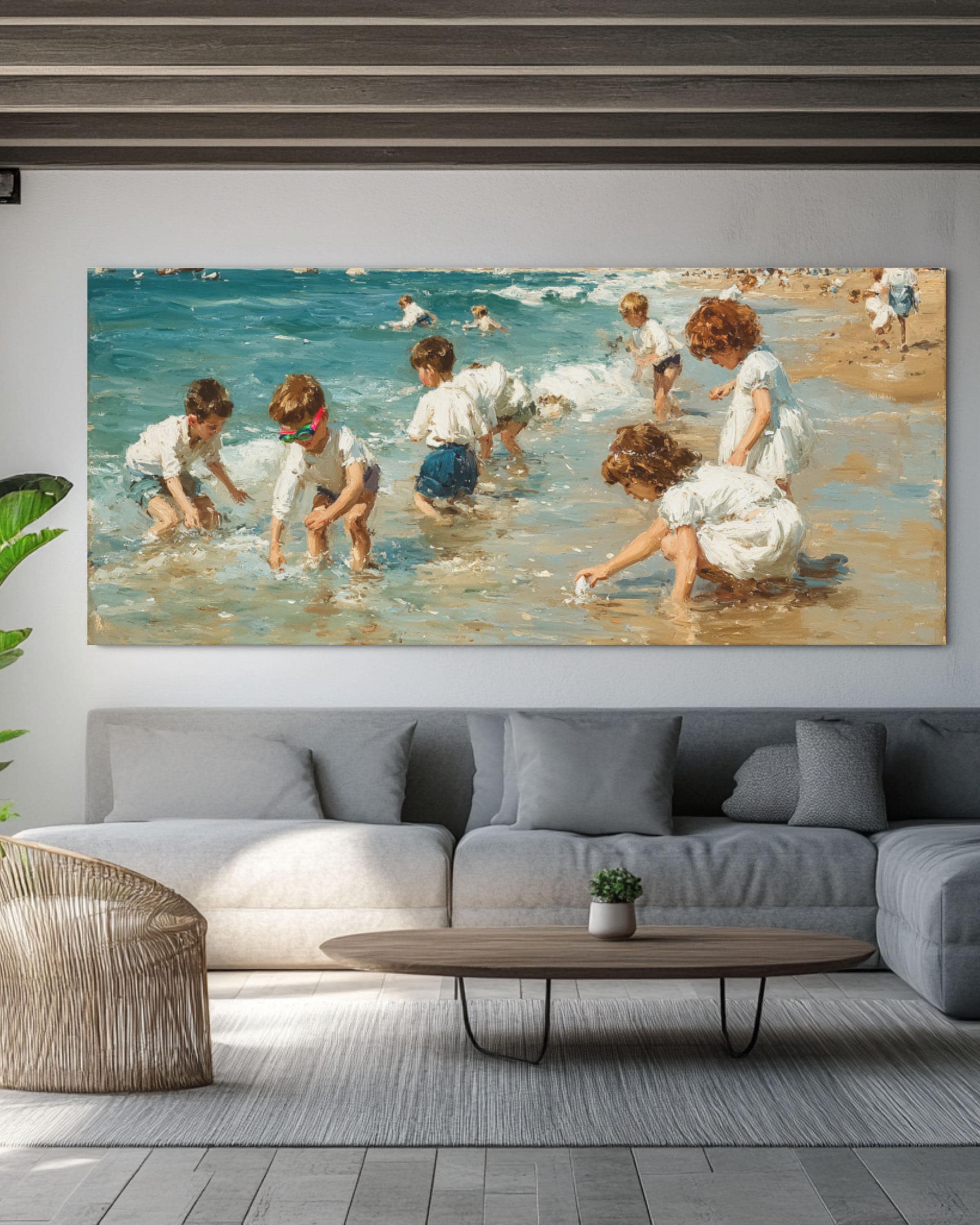 Pastel Beach Scene Wall Art – Children Playing Coastal Canvas Print