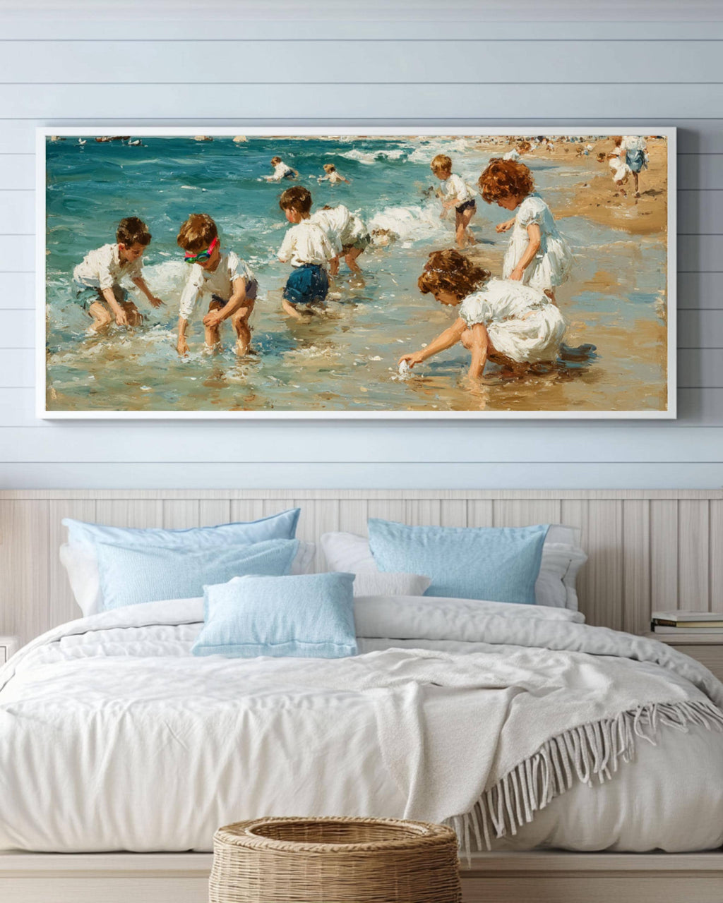 Pastel Beach Scene Wall Art – Children Playing Coastal Canvas Print