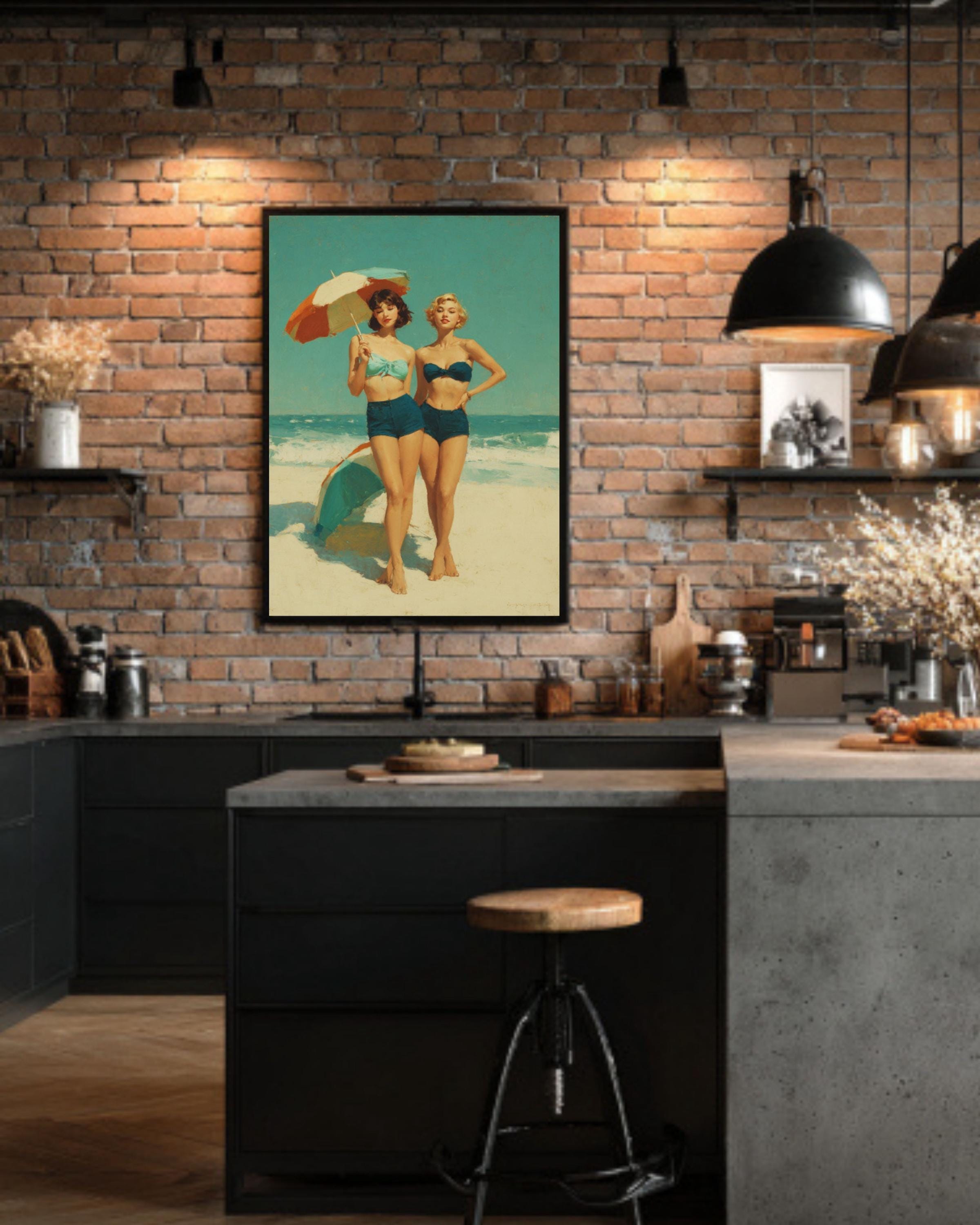 Vintage Beach Scene Wall Art – Retro Women with Umbrellas Coastal Canvas Print