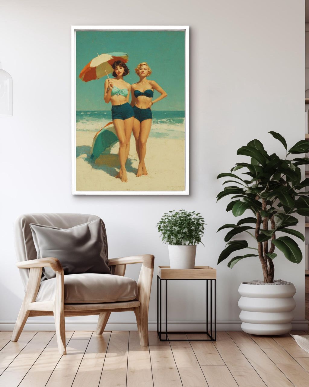 Vintage Beach Scene Wall Art – Retro Women with Umbrellas Coastal Canvas Print