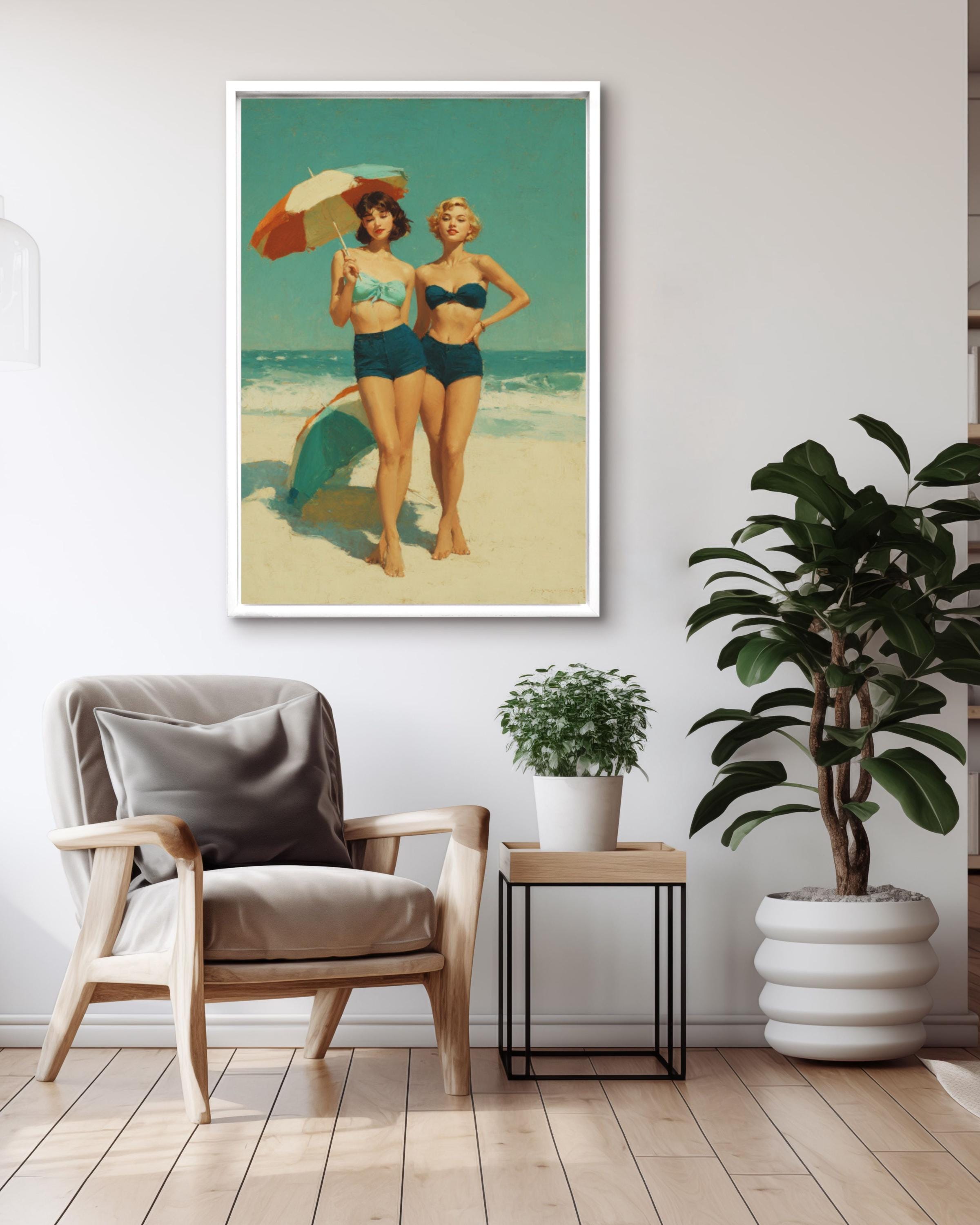 Vintage Beach Scene Wall Art – Retro Women with Umbrellas Coastal Canvas Print