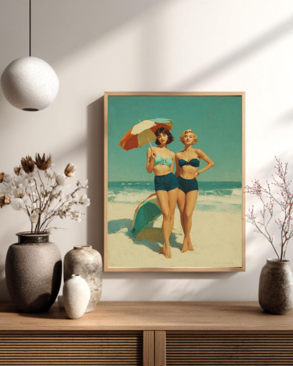 Vintage Beach Scene Wall Art – Retro Women with Umbrellas Coastal Canvas Print