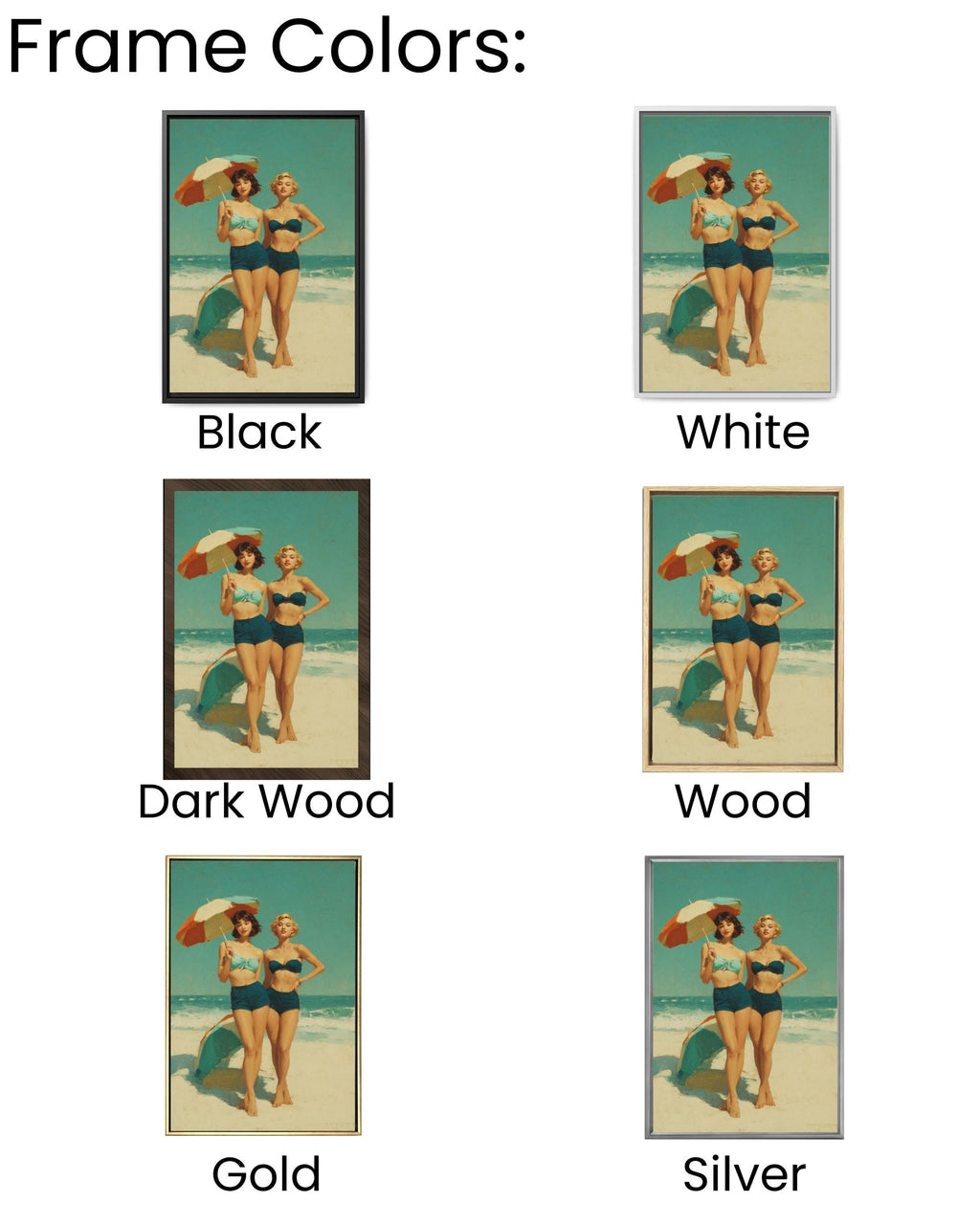 Vintage Beach Scene Wall Art – Retro Women with Umbrellas Coastal Canvas Print
