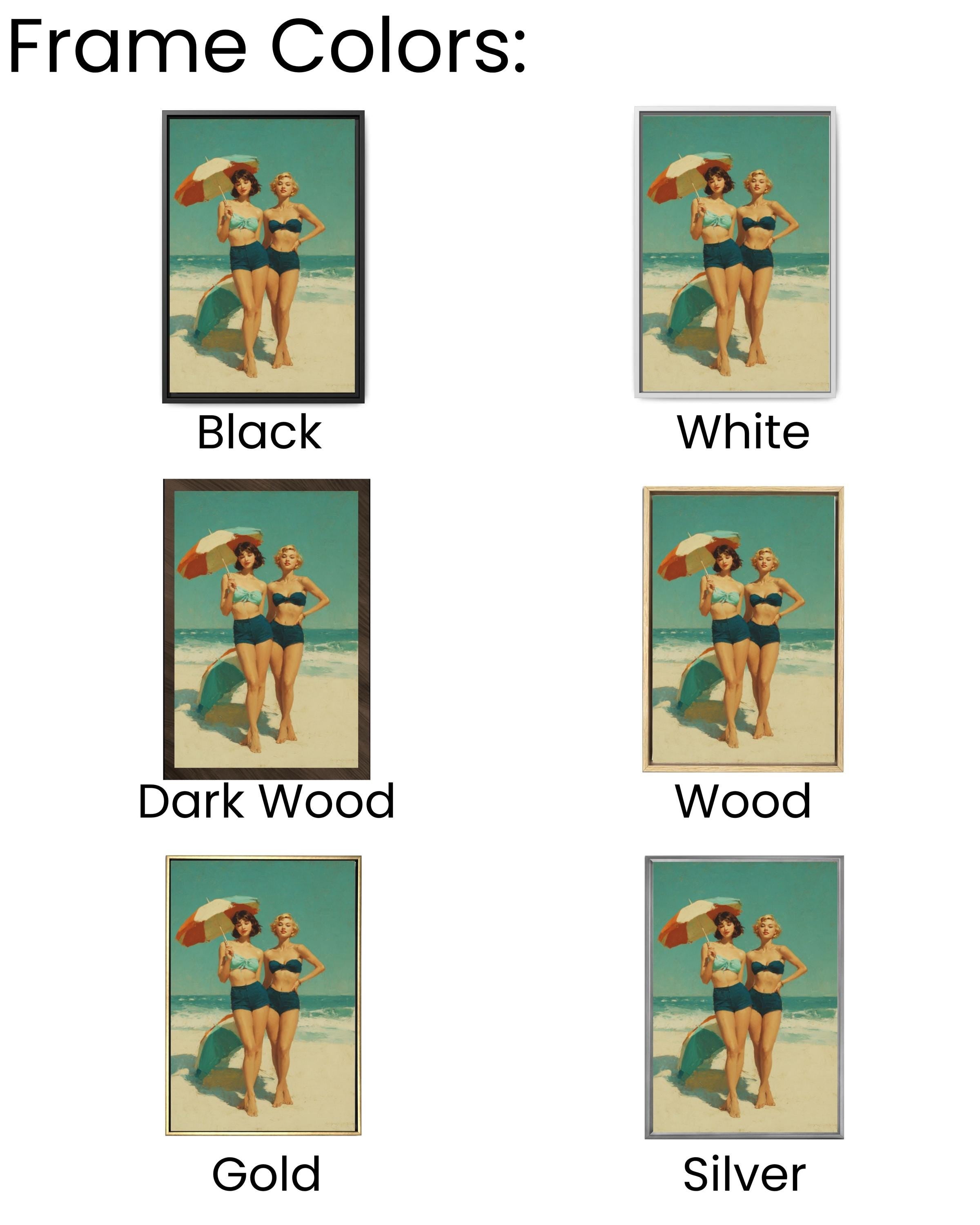 Vintage Beach Scene Wall Art – Retro Women with Umbrellas Coastal Canvas Print