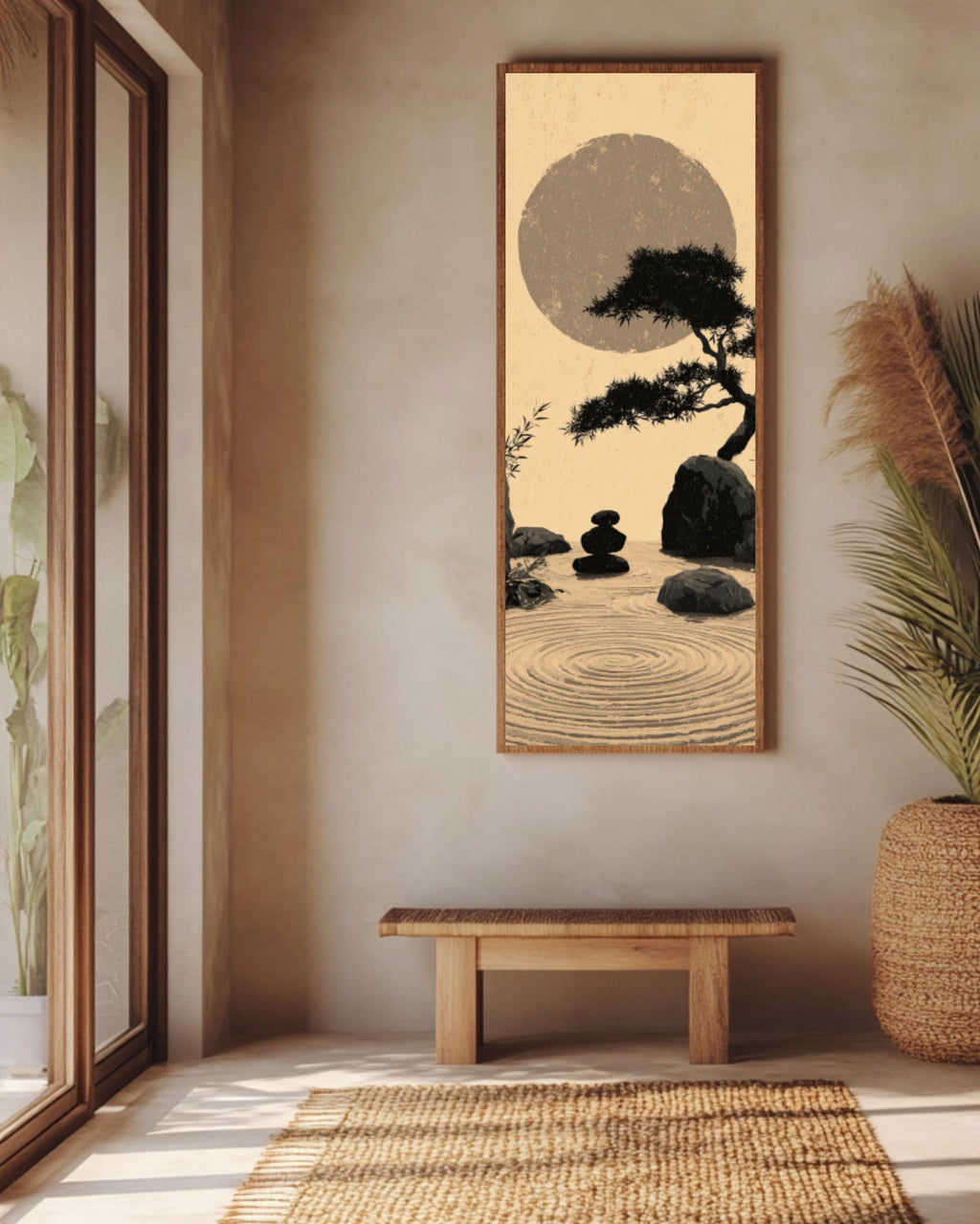 Zen Garden Wall Art – Japanese Ink Wash Bamboo & Moon Canvas Print
