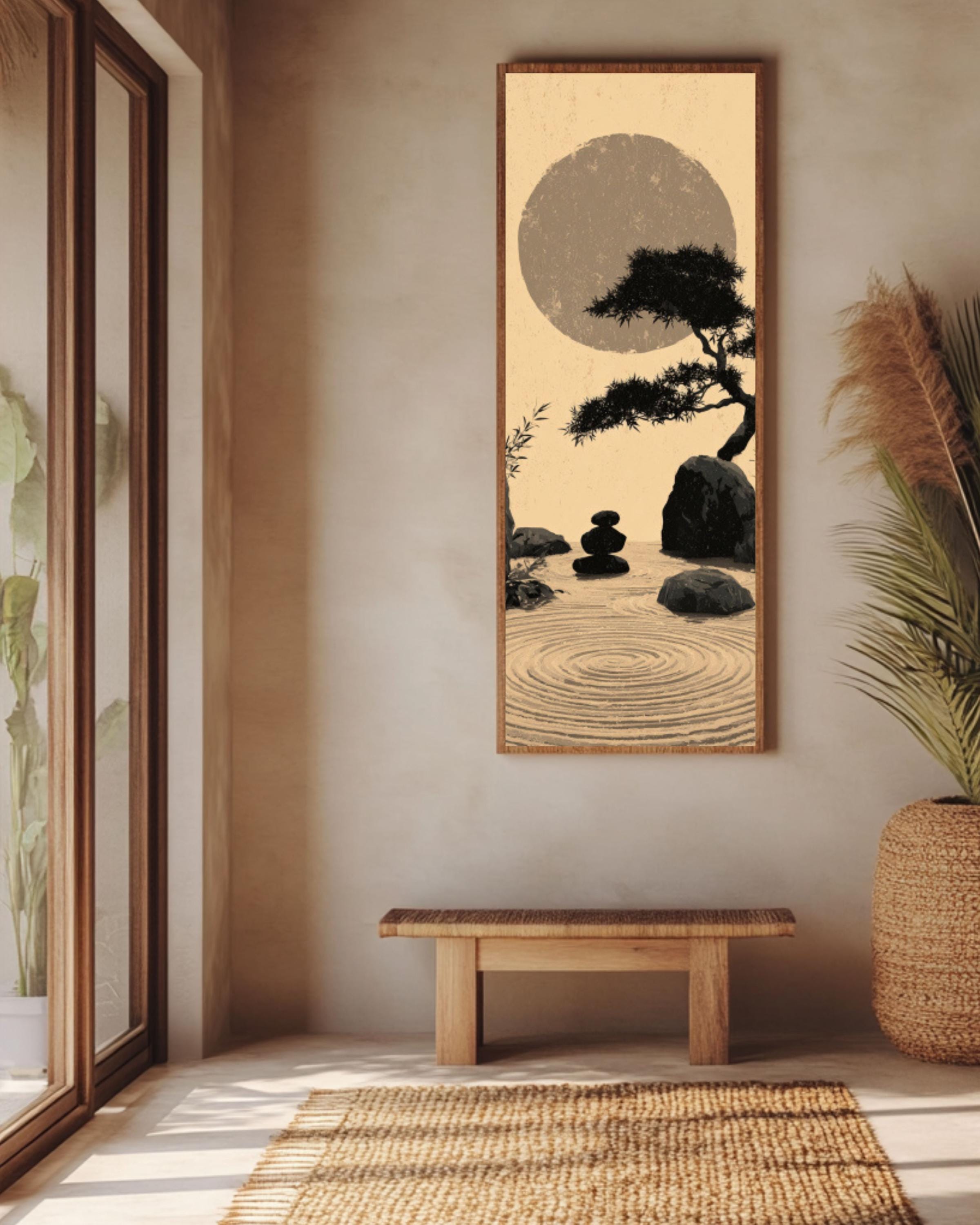 Zen Garden Wall Art – Japanese Ink Wash Bamboo & Moon Canvas Print