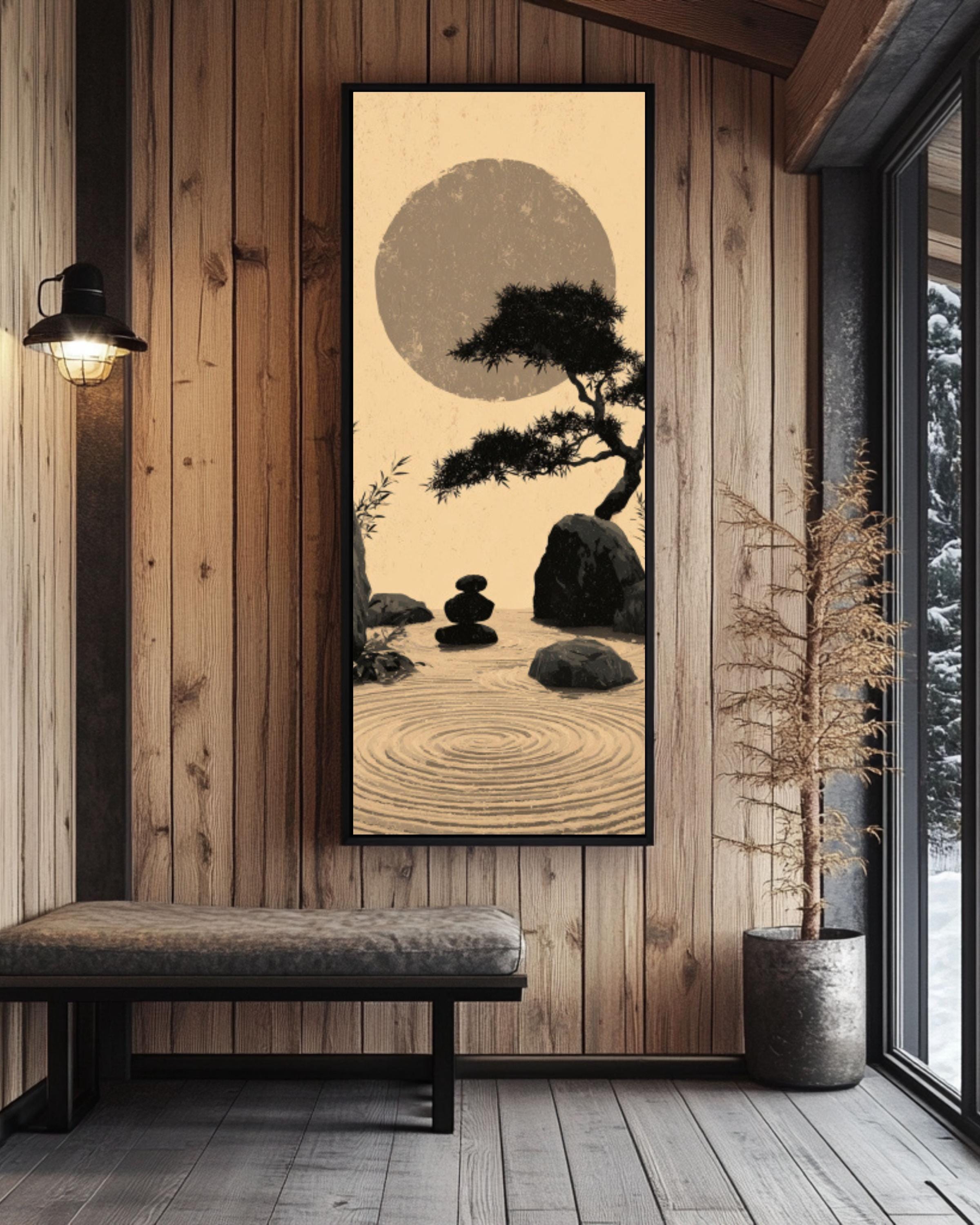 Zen Garden Wall Art – Japanese Ink Wash Bamboo & Moon Canvas Print