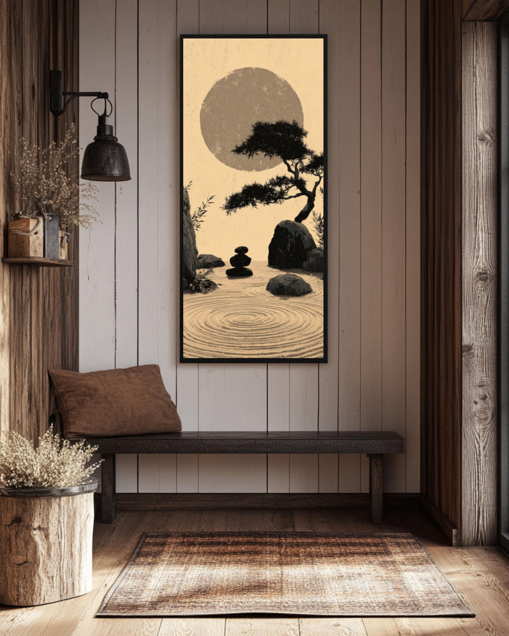 Zen Garden Wall Art – Japanese Ink Wash Bamboo & Moon Canvas Print