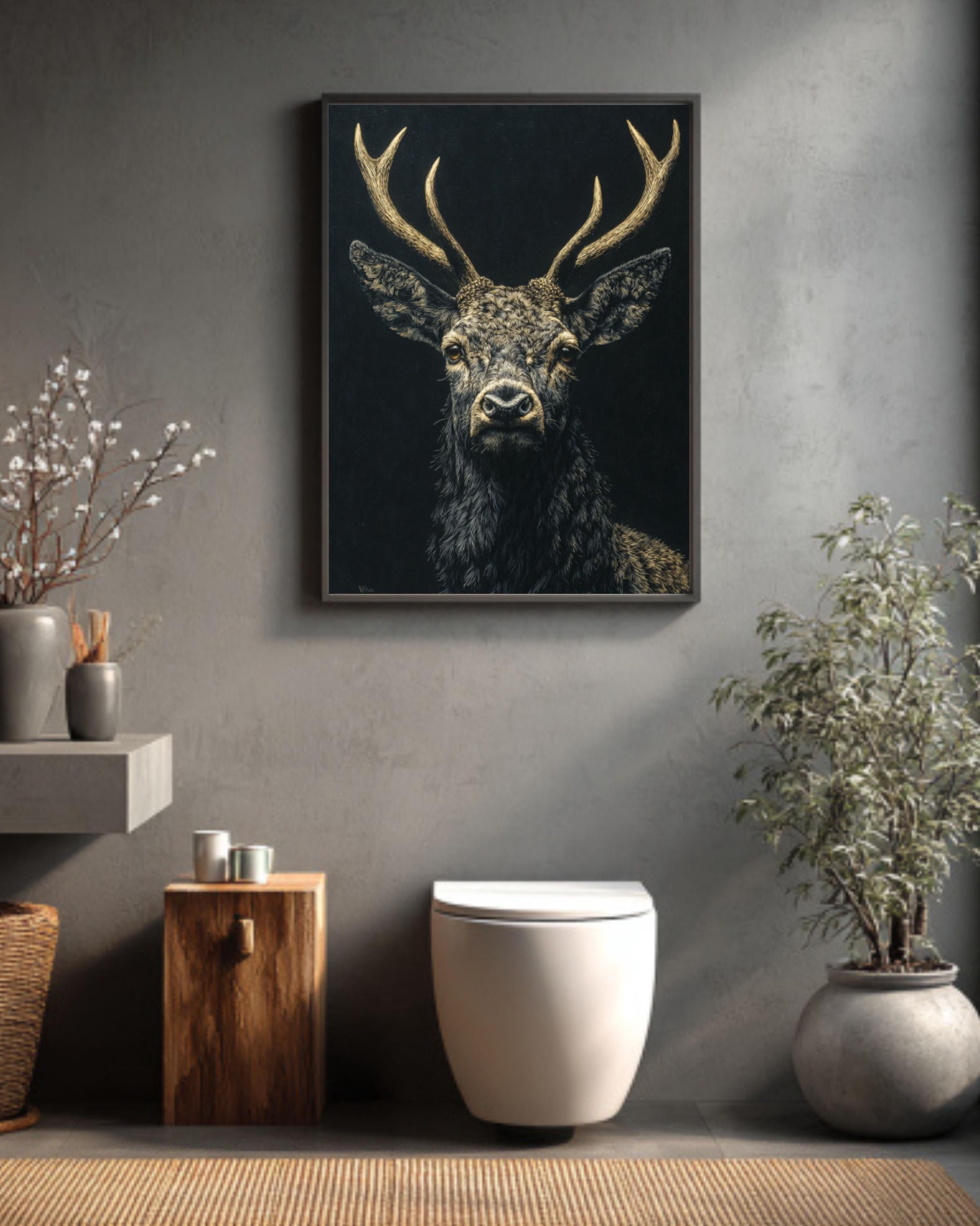 Gothic Stag Portrait Wall Art – White Gold Dark Academia Canvas Print