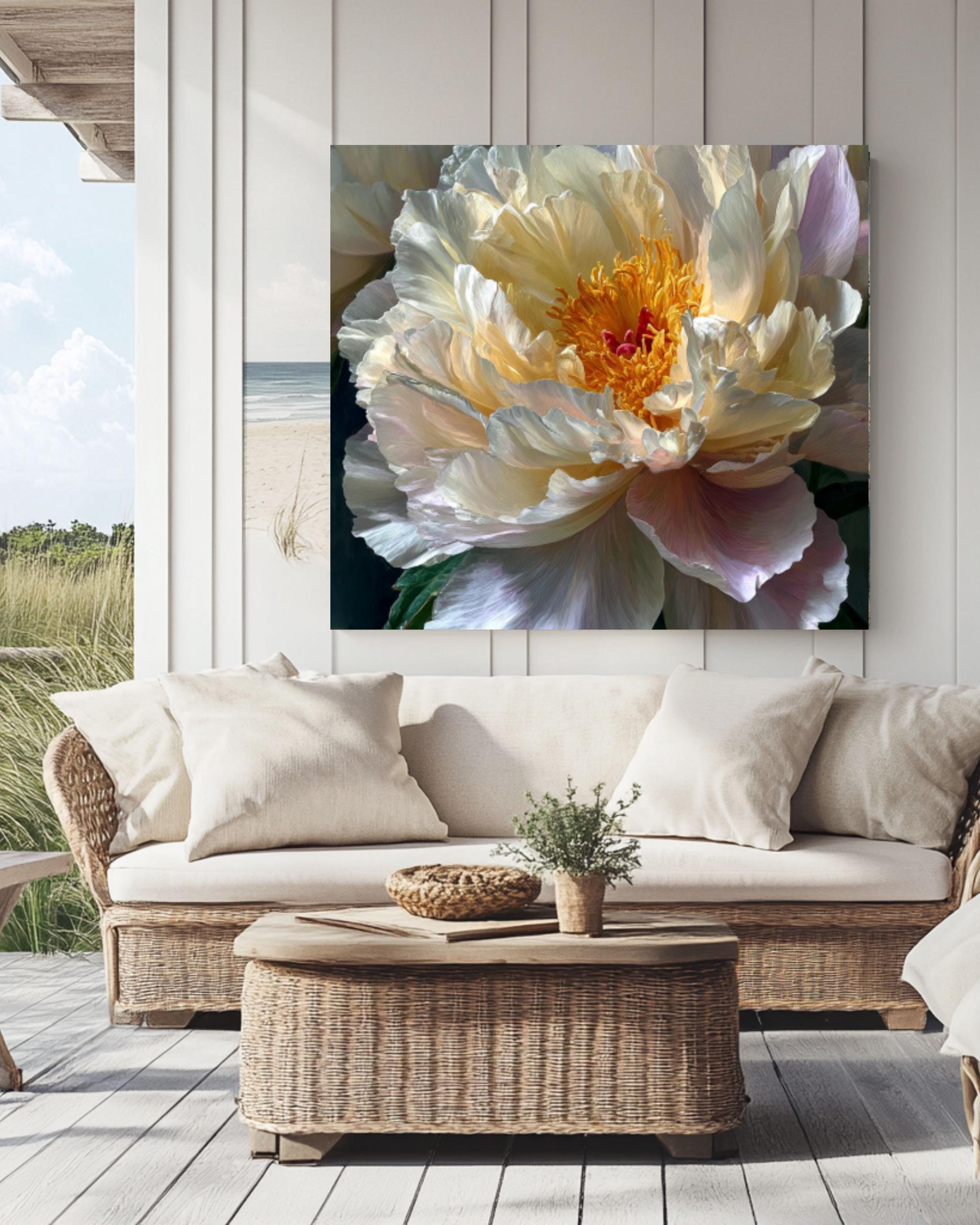 White Peony Floral Canvas Art – Botanical Oil Painting