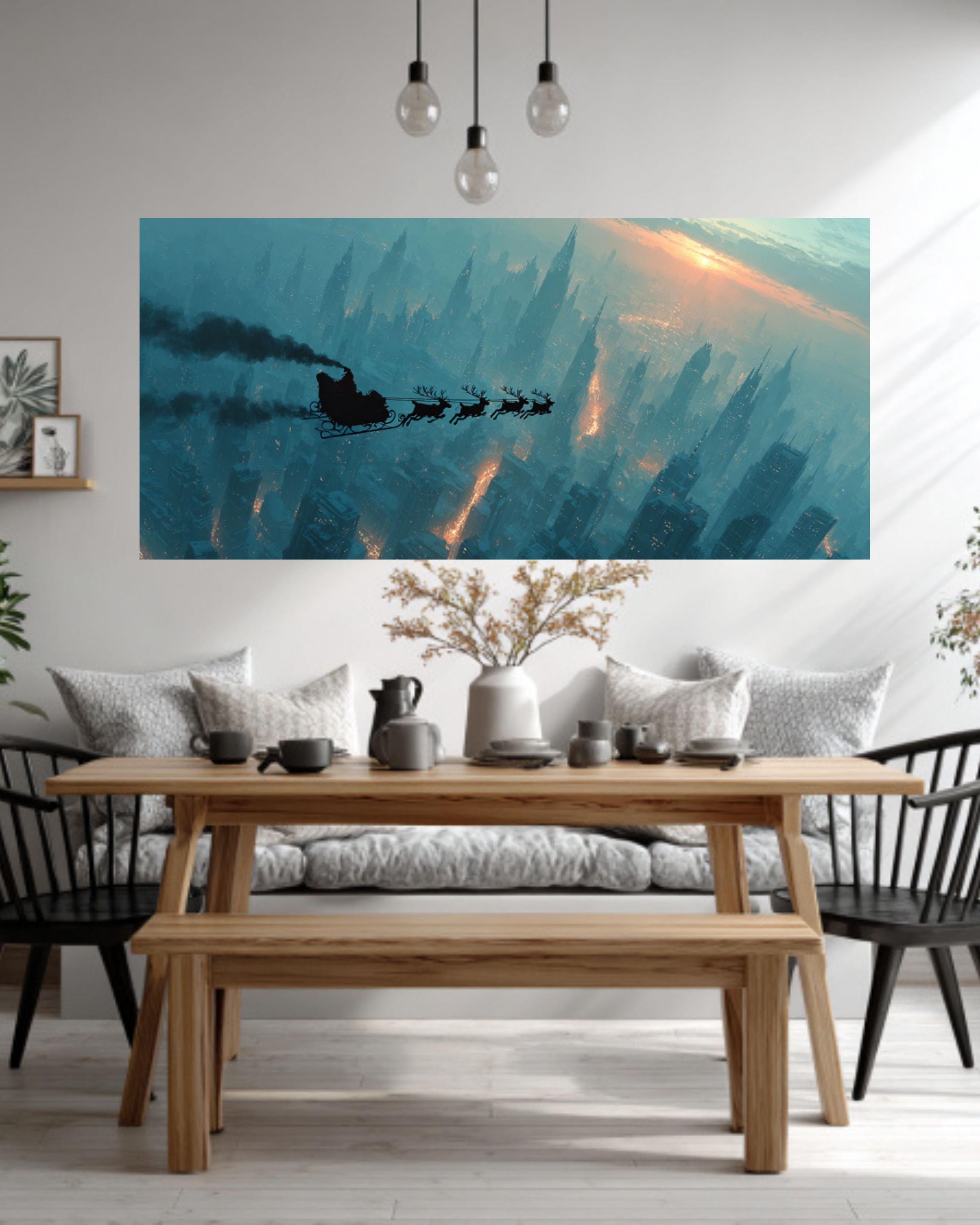 Santa Sleigh Over City Wall Art – Christmas Night Sky Canvas Print