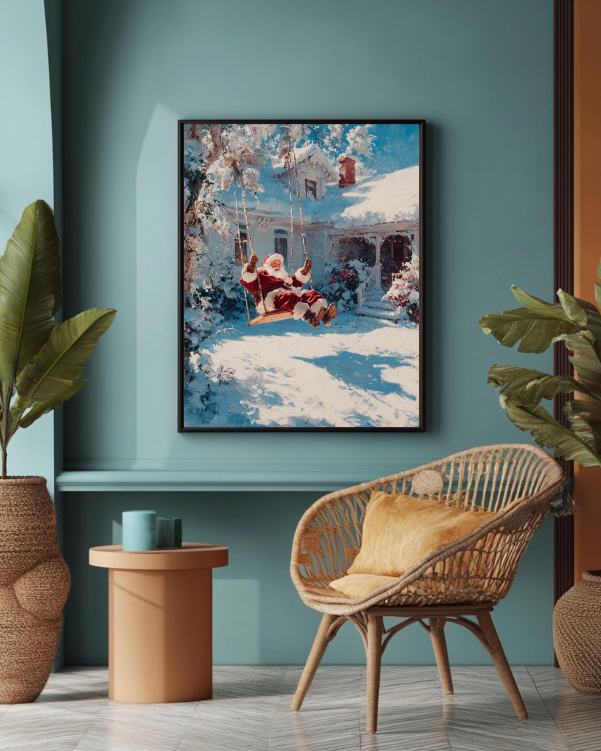 Santa on Swing Christmas Wall Art – Cozy Winter Cottage Canvas Print
